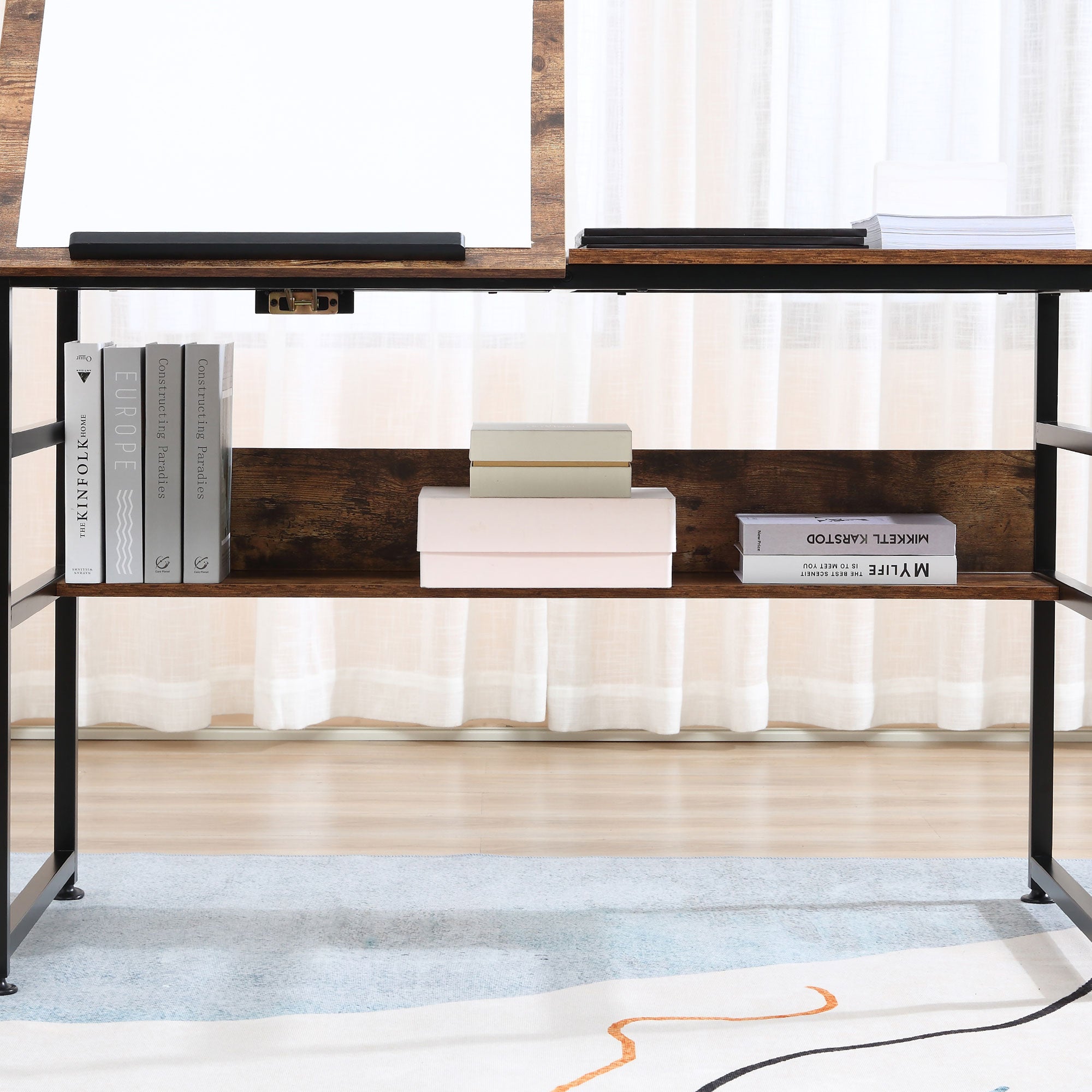 Kozy Adjustable Drafting Table Art Desk Drawing Table, Craft Desk Workstation for Painting, Multifunctional Writing Desk w/ 15-Level Tiltable Tabletop and Storage Shelf, Home Office, Rustic Brown