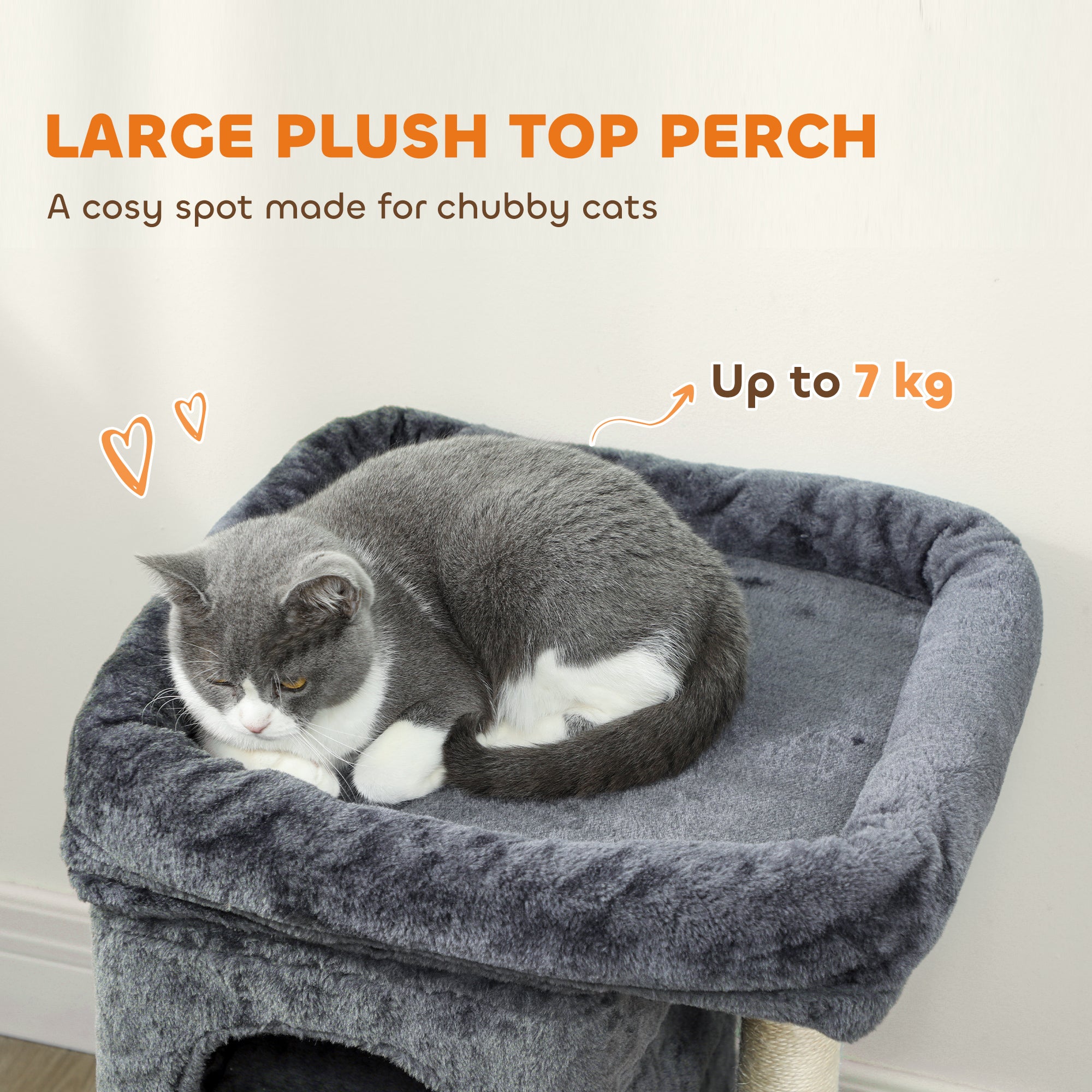 Kozy - 66 cm Small Cat Tree for Large Cats, Cat Tower w/ Large Top Perch, 2 Condos, Sisal Scratching Post, Toy Ball, Dark Grey