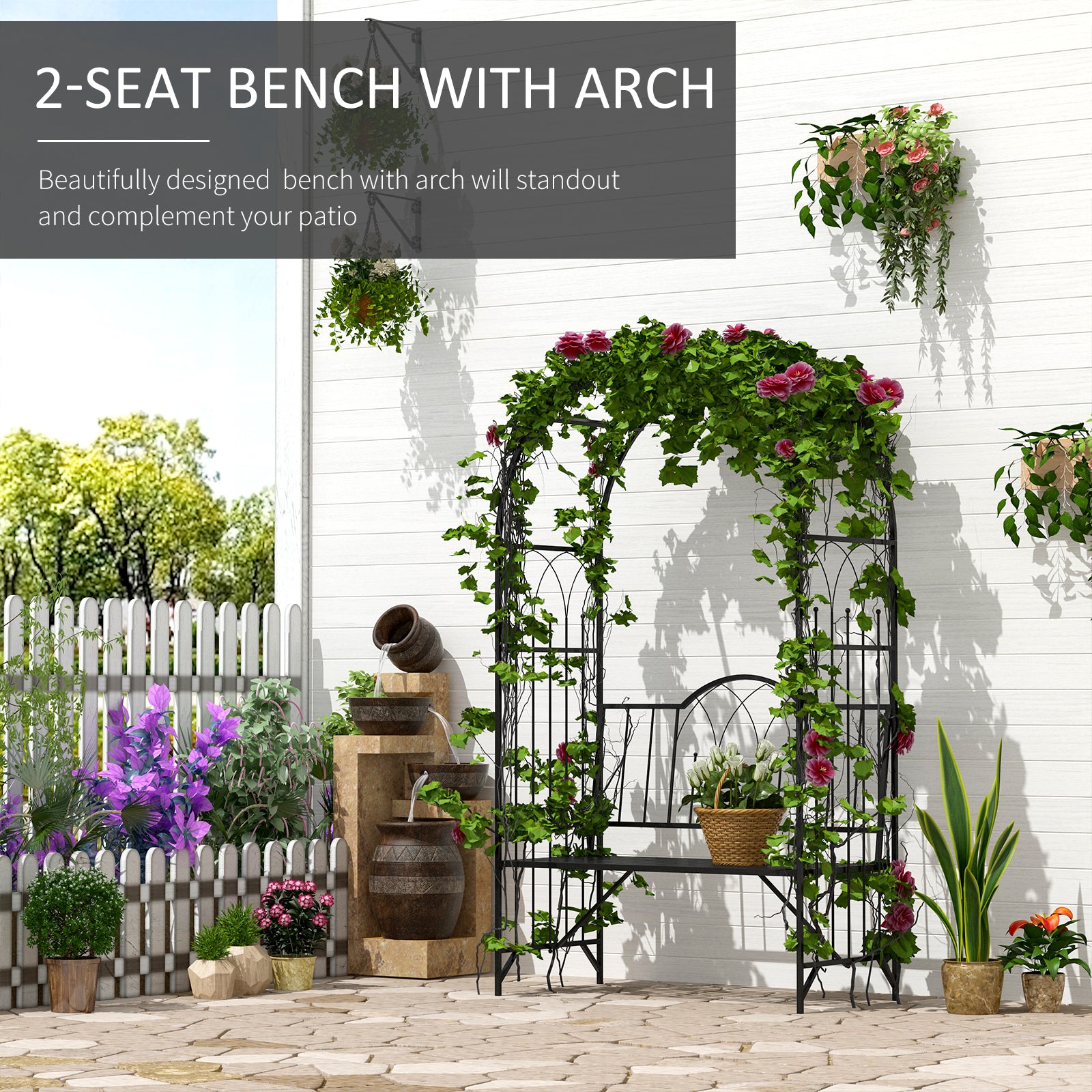 Outsunny Garden Metal Arch Bench Outdoor Patio Rose Trellis Arbour Pergola for Climbing Plant Antique Style 2