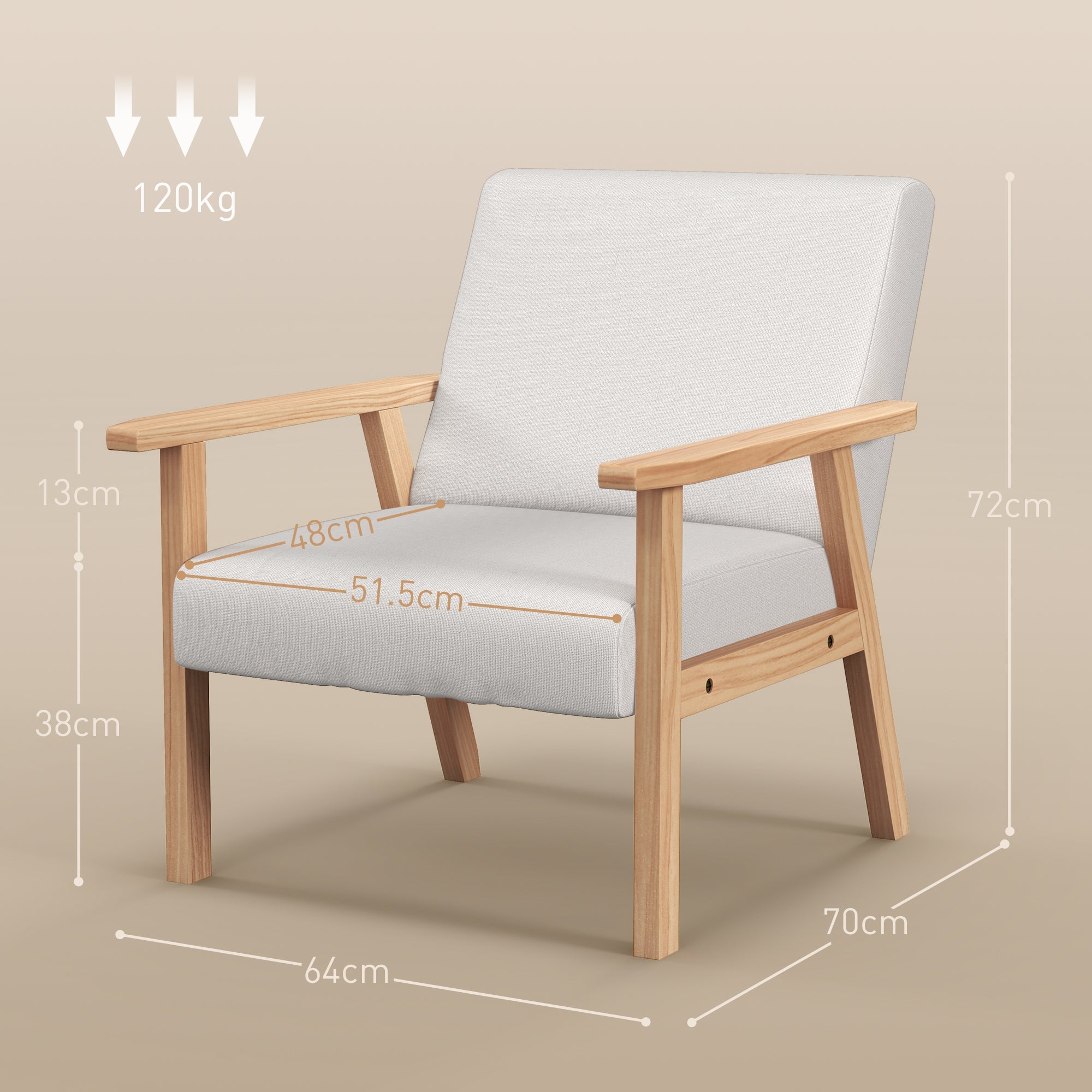 Accent Chair HOMCOM Occasional Chairs Wood Frame with Thick Linen Cushions Wide Seat Armchair Home Furniture Bedroom Office, Cream White | Aosom UK