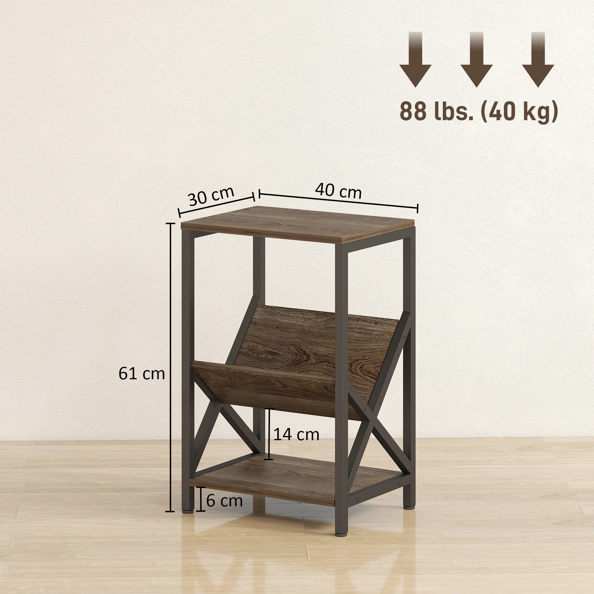 Kozy Narrow Side Table, End Table with 3-Tier Storage, V-Shaped Magazine Holder for Living Room, Bedroom, 40 x 30 x 61cm, Oak