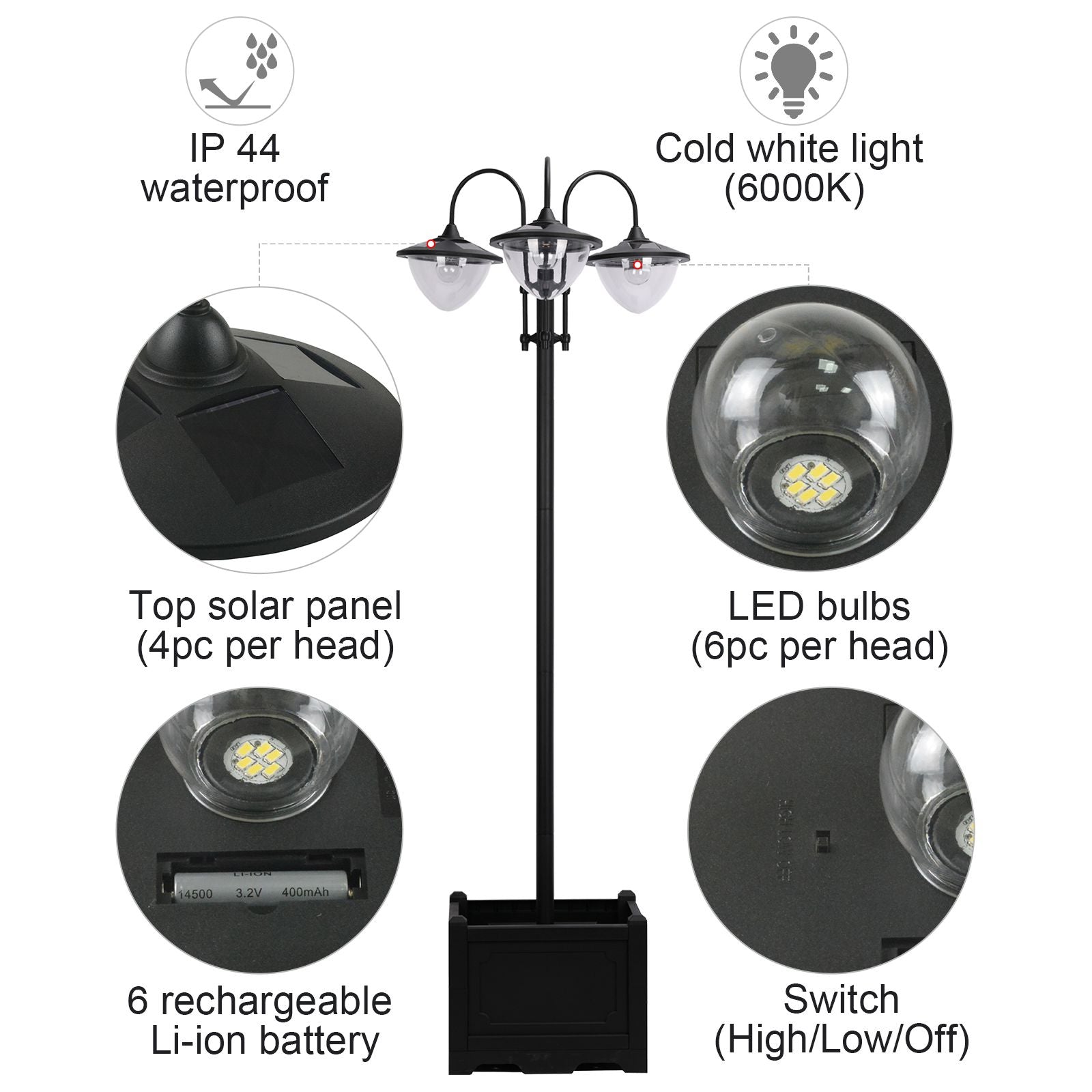 Kozy 189cm 3-head Solar Lamp Post, Street Light with Planter, Automatic-on, 6 Hour Max Outdoor Ready LED Lighting, Black