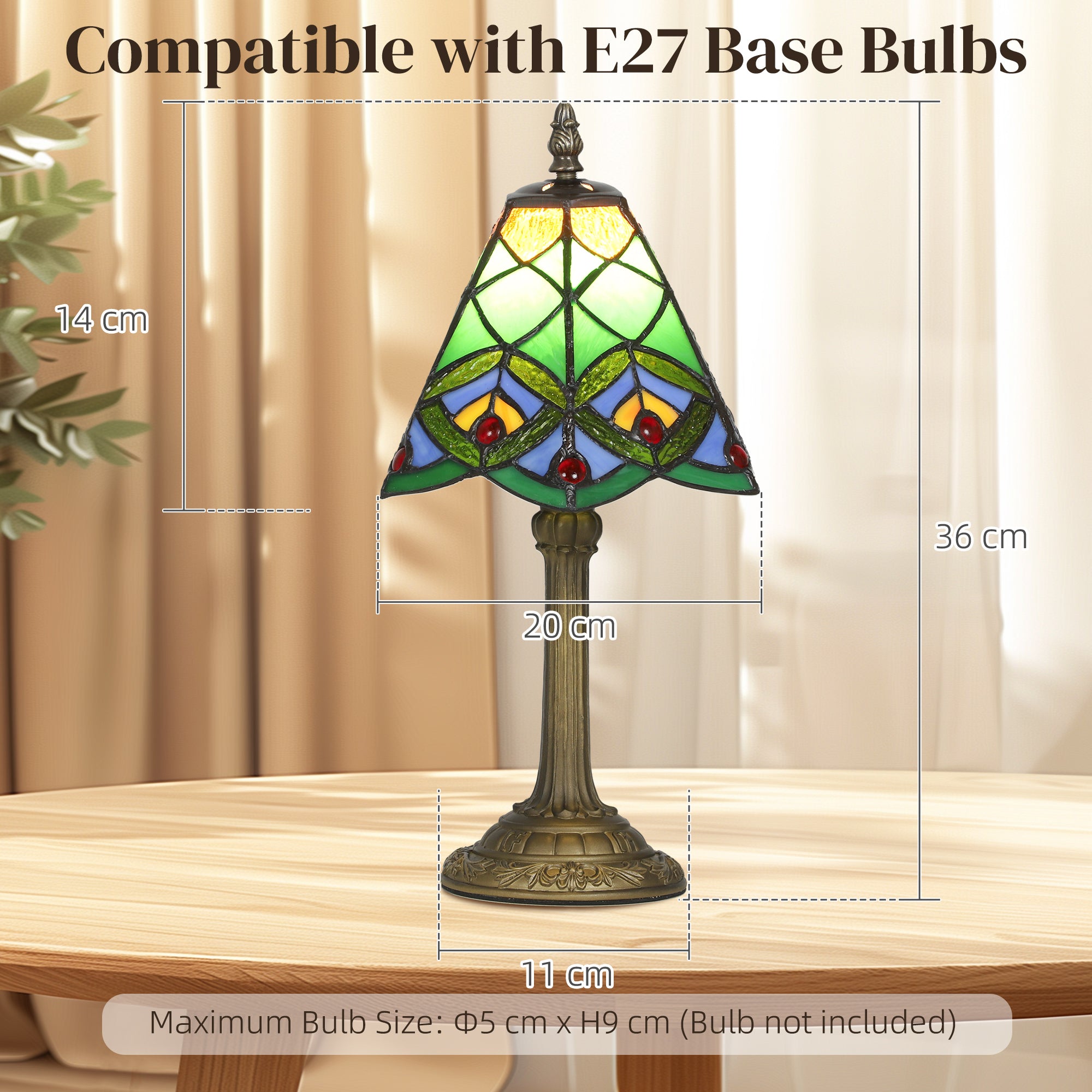 Kozy Tiffany-Style Table Lamp with Geometric Patterns, Handcrafted Antique Stained Glass Bedside Lamp for Living Room and Bedroom, E27 Socket, Green