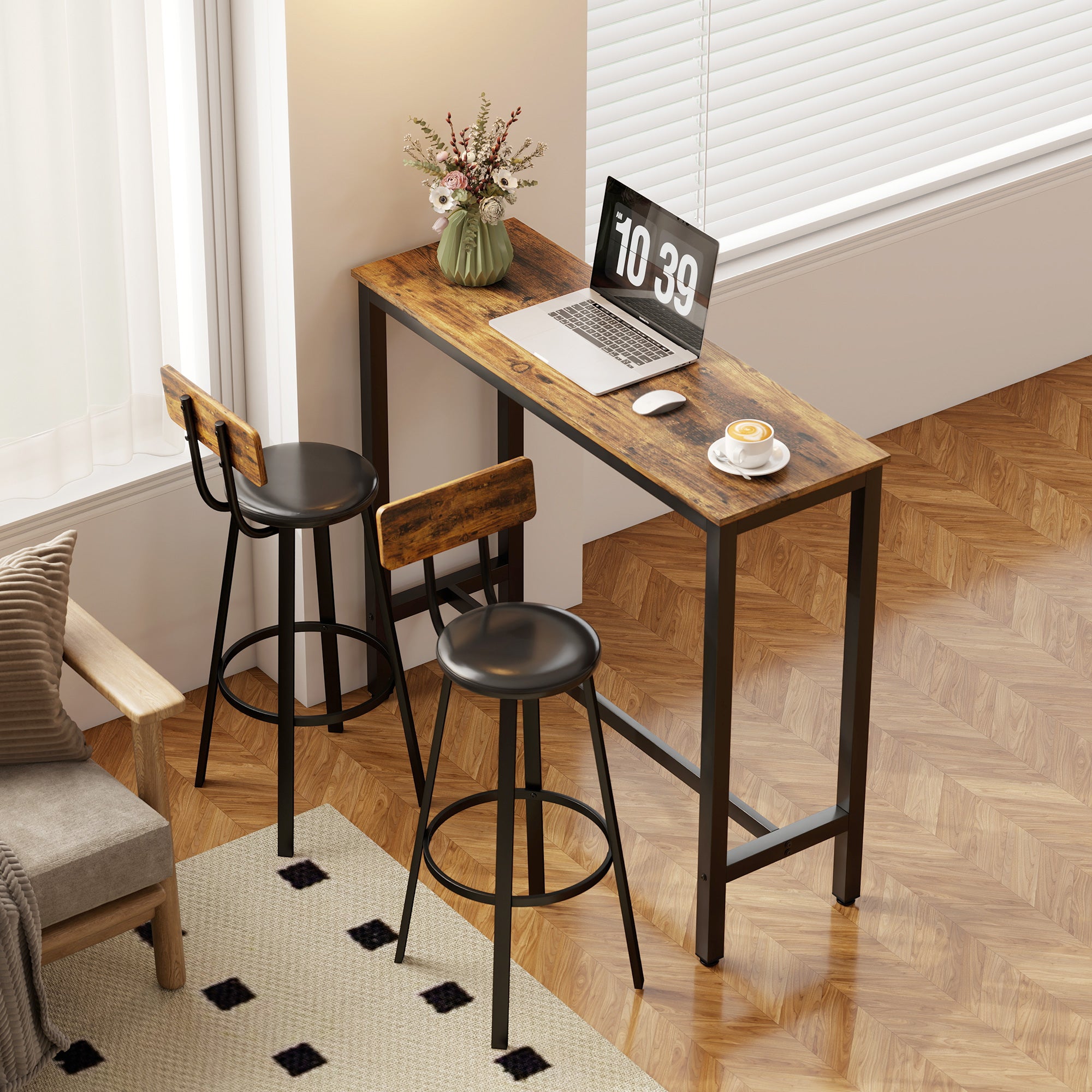 Kozy Upholstered Bar Stools Set of 2 with Backrest and Footrest - Rustic Brown and Black