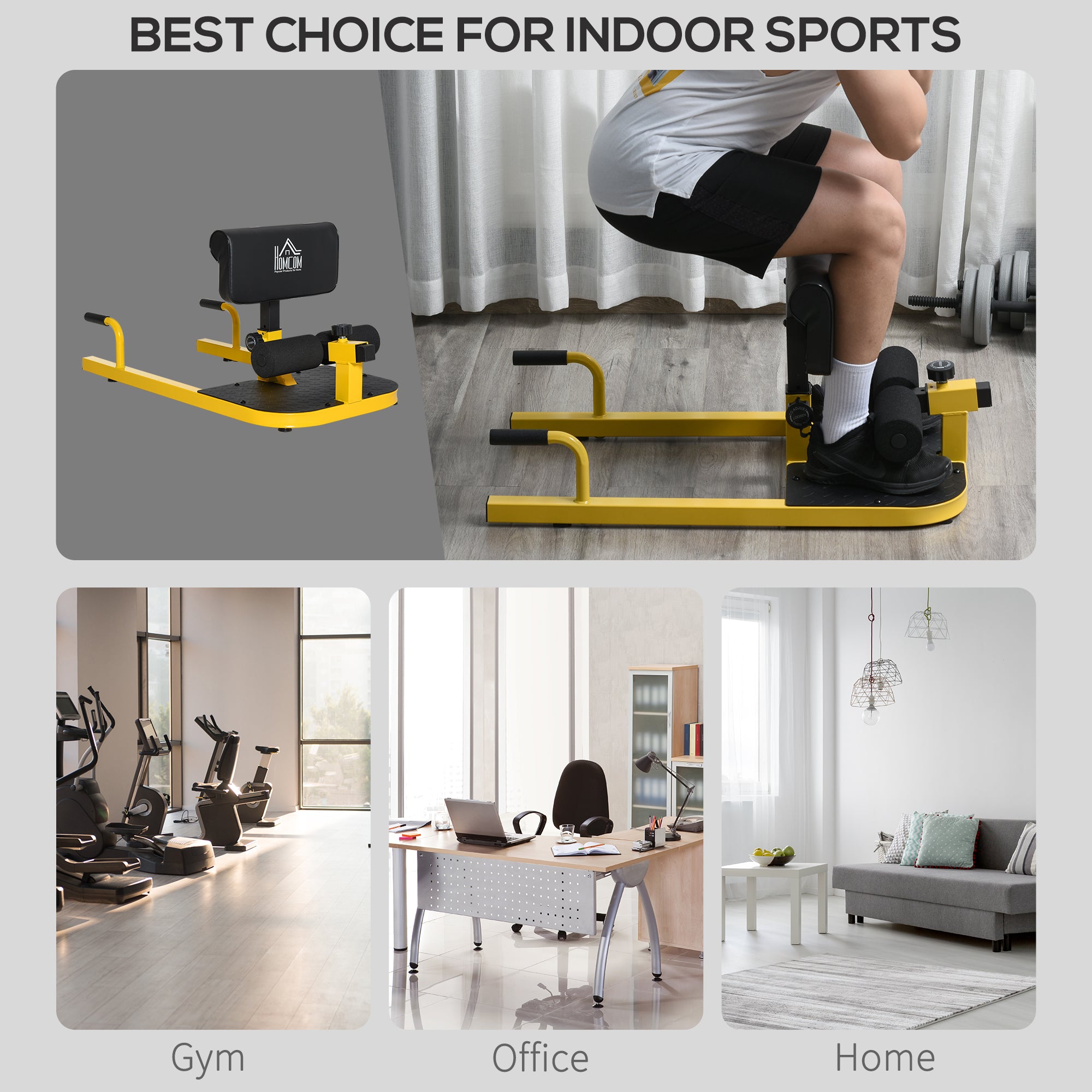 Kozy Squat Machine with Push Up Stand, Padded Hip Thrust Bench with Adjustable Cushion for Home Gym Work Out, Yellow