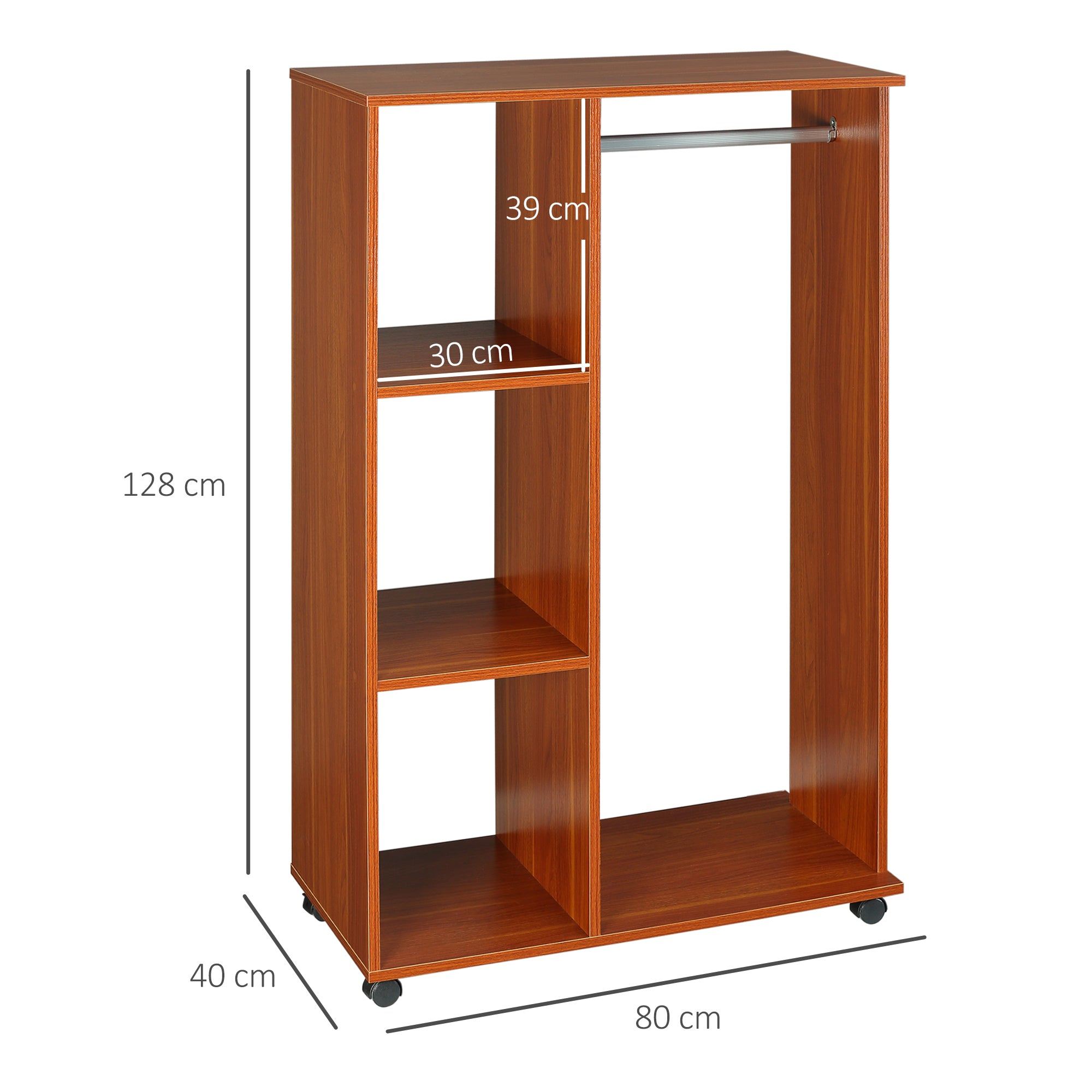 Kozy Open Wardrobe on Wheels, Bedroom Wardrobe with Clothes Hanging Rail, 3 Storage Shelves, Mobile Garment Rack for Cloakroom, Hallway, Walnut