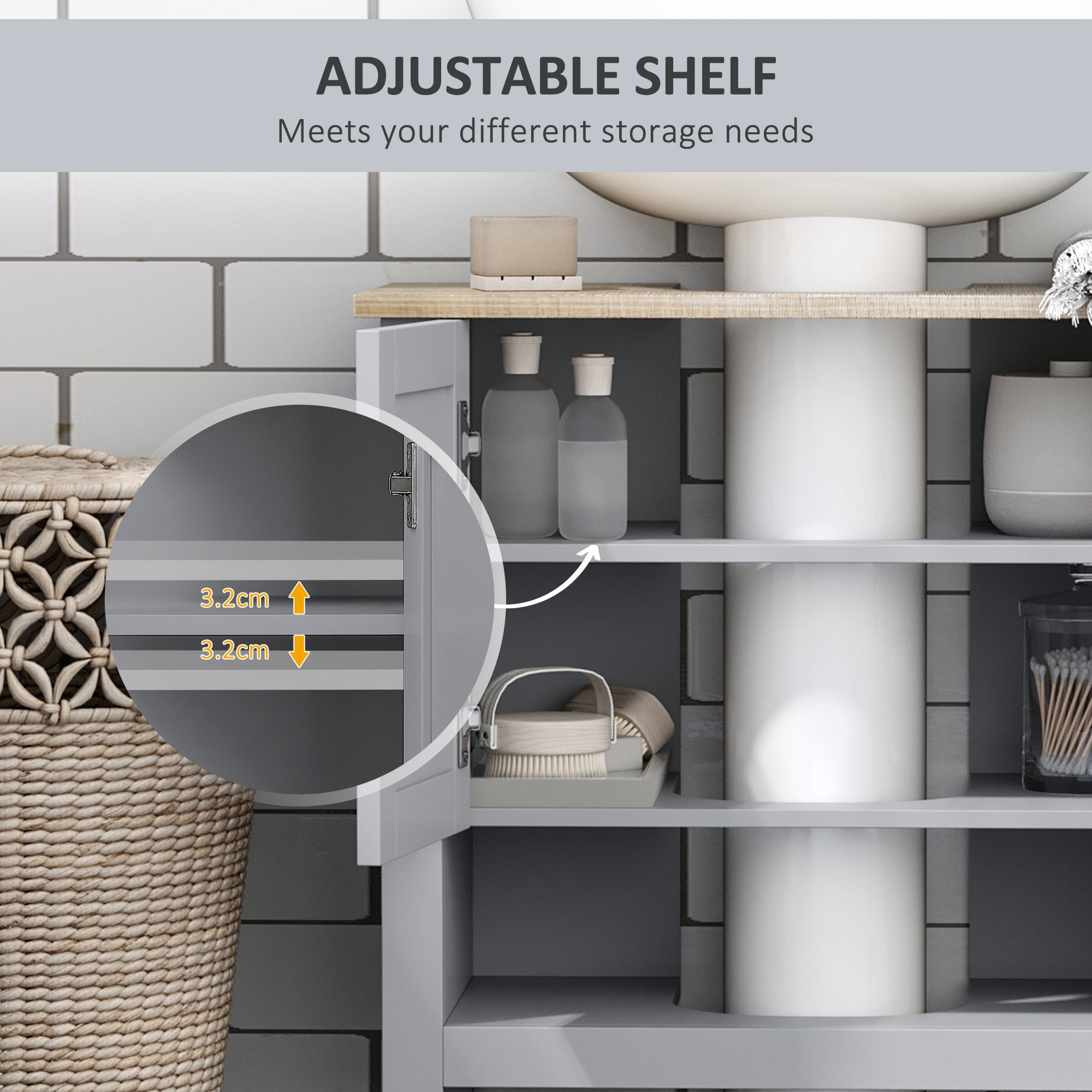 Kozy Under Sink Cabinet, Bathroom Vanity Unit, Pedestal Under Sink Design, Storage Cupboard with Adjustable Shelf, Grey