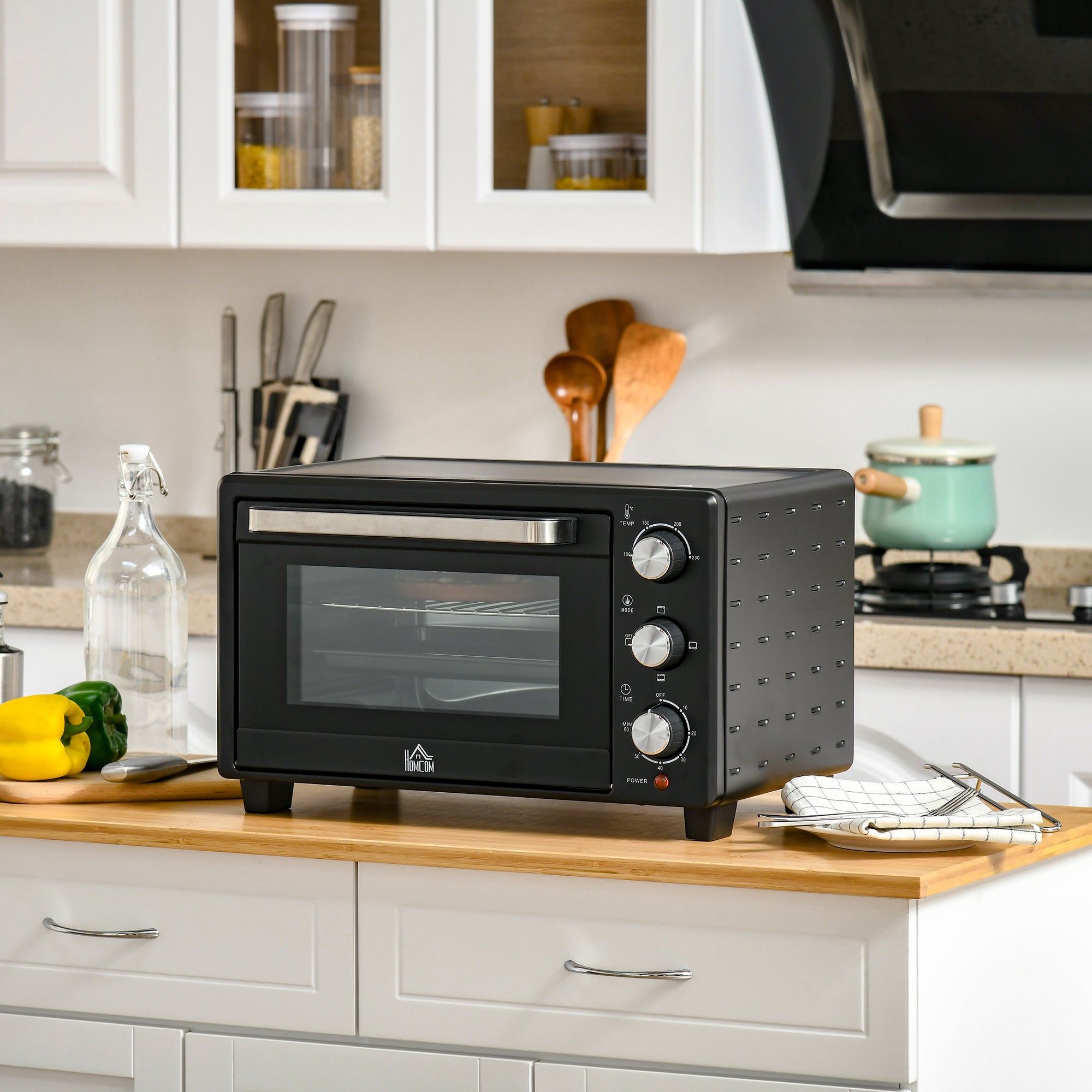 HOMCOM Mini Oven, 21L Countertop Electric Grill, Toaster Oven with Adjustable Temperature, Timer, Baking Tray and Wire Rack, 1400W | Aosom UK