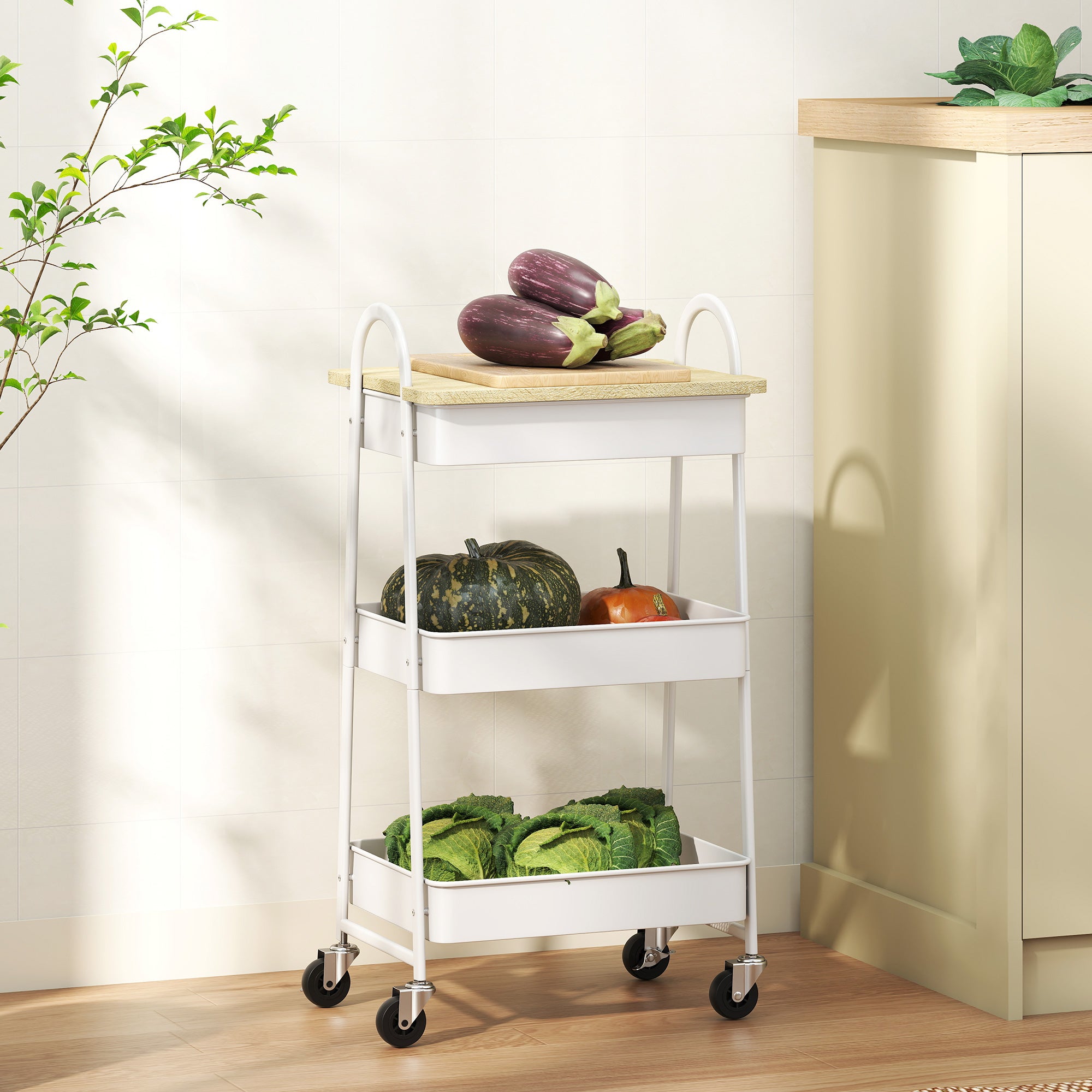 Kozy - 3-Tier Kitchen Storage Trolley with on Wheels Cover Top Board - White and Oak