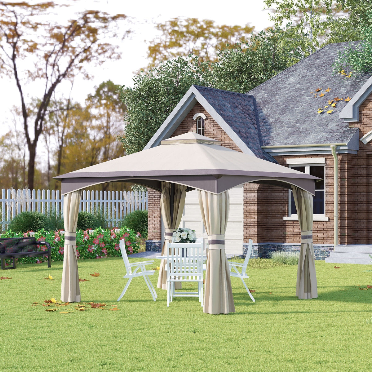 Outsunny 3.2m x 3.2m Vented Roof Steel Frame Gazebo Beige