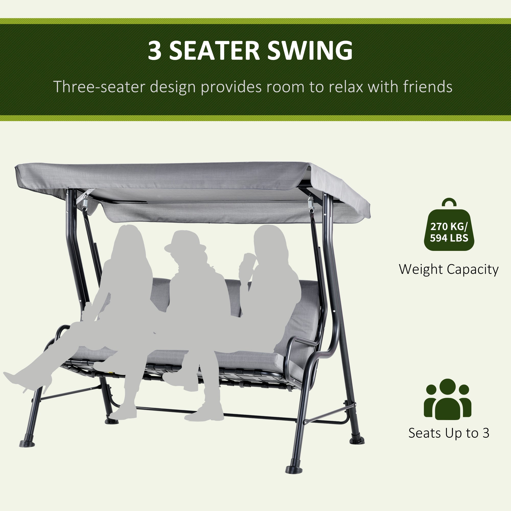 Kozy Outdoor 3-person Metal Porch Swing Chair Bench, Grey