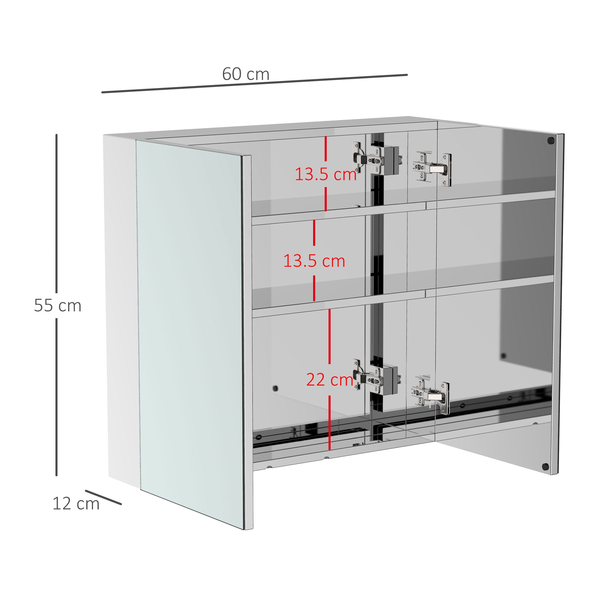 Kozy Bathroom Mirror Cabinet, Stainless Steel Wall Mounted  Bathroom Storage Cabinet with Double Doors, 60x55cm