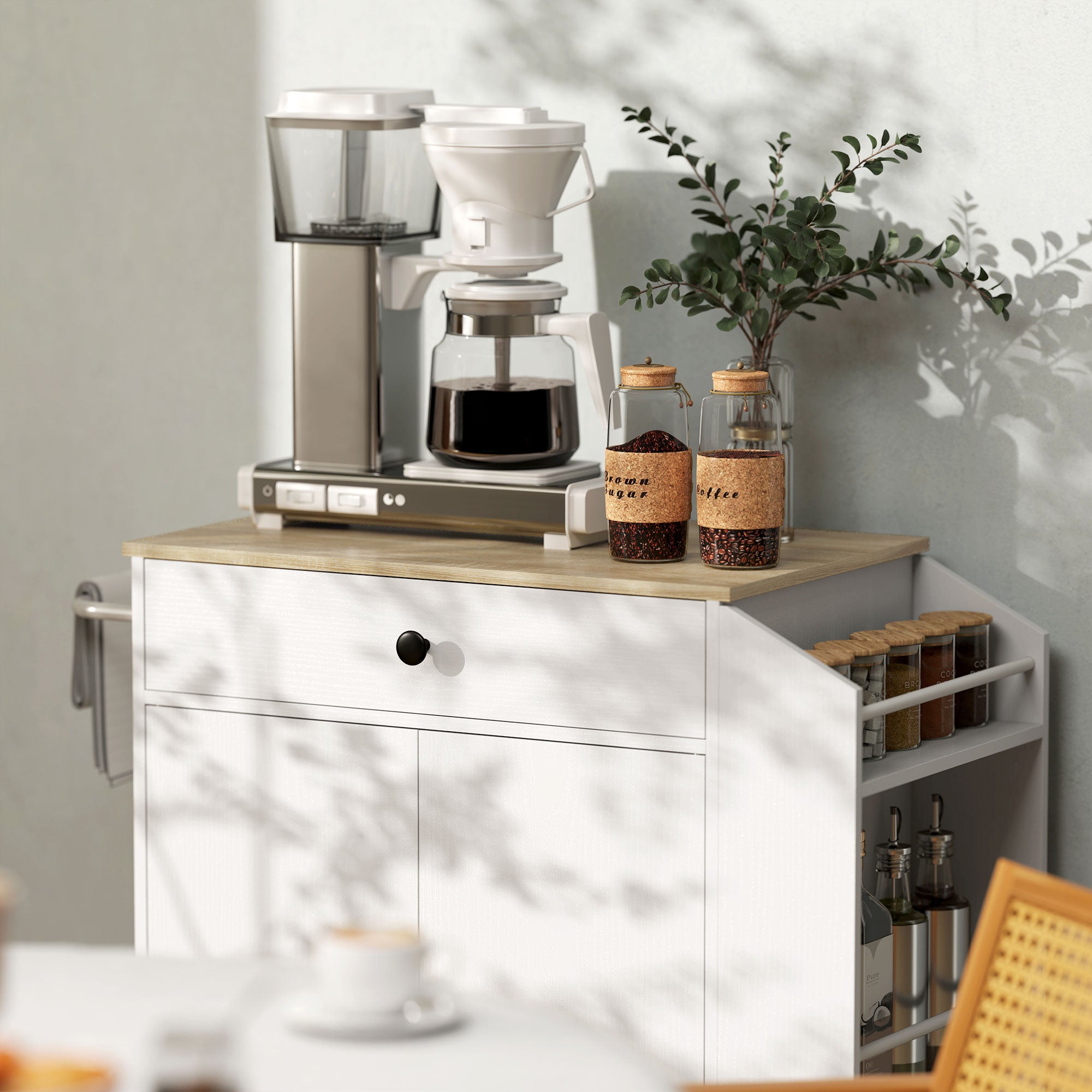 Kozy - Rolling Kitchen Island with 3-Tier Spice Rack, Kitchen Storage Cart with Drawer and Towel Rack, White