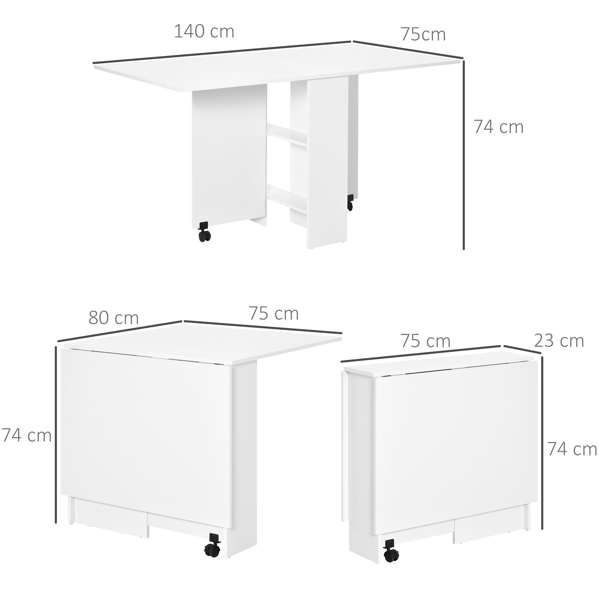 HOMCOM Mobile Drop Leaf Dining Kitchen Table Folding Desk For Small Spaces With 2 Wheels & 2 Storage Shelves White