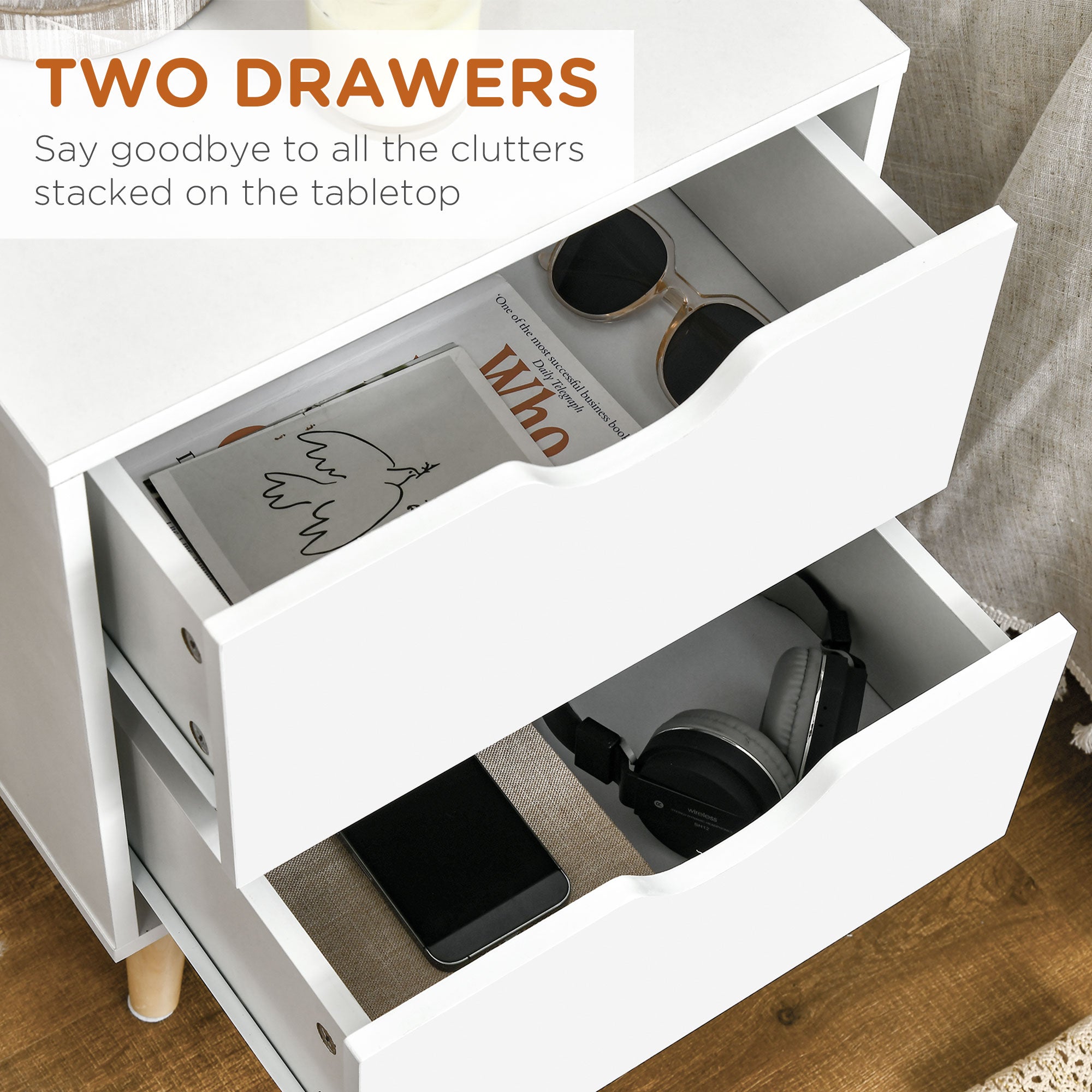 Kozy Bedside Table, Bedside Cabinet with 2 Drawers, Side End Table with Pine Wood Legs for Bedroom Living Room, White