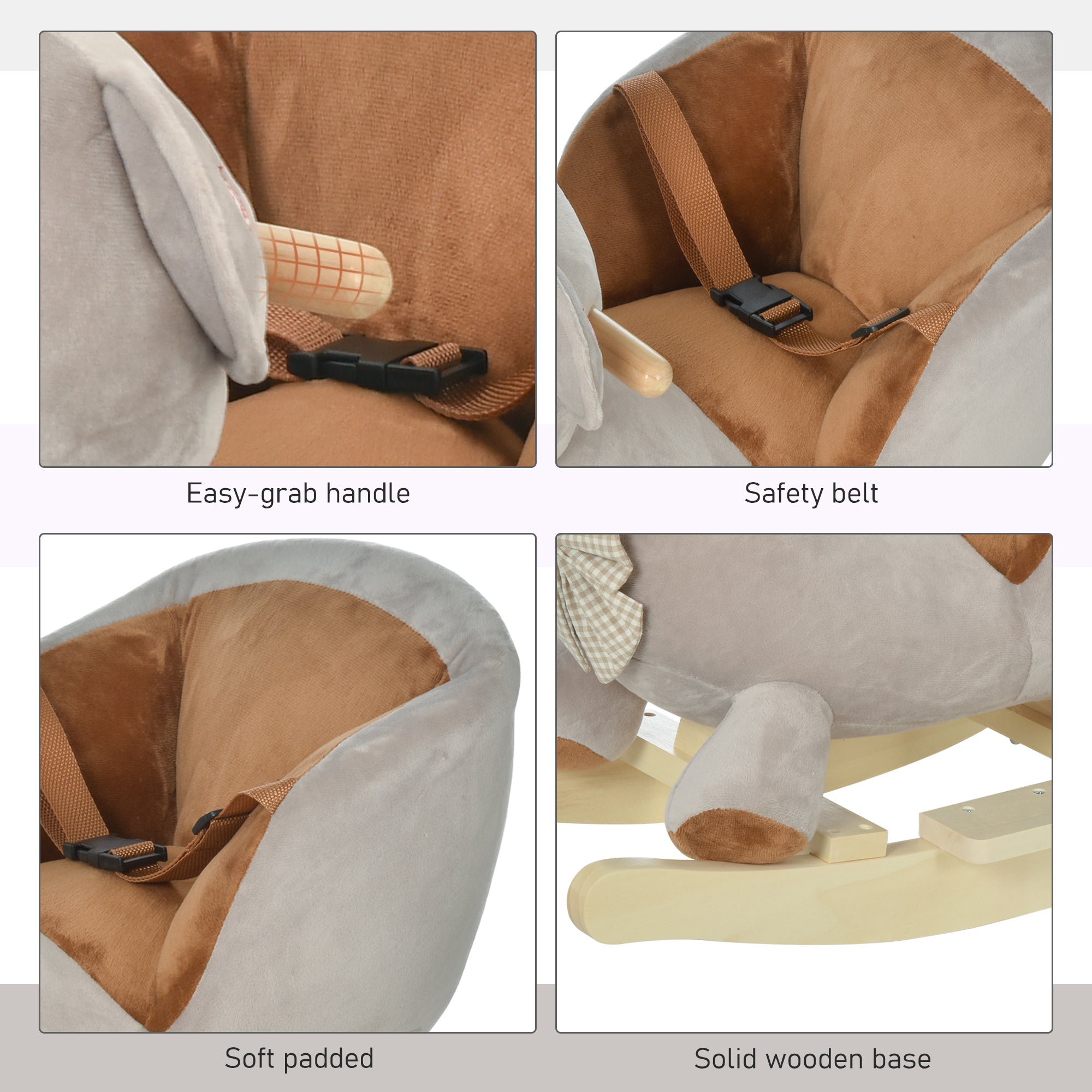 Kozy Kids Children Rocking Horse Plush Ride On Bear Seat w/ Sound Wood Base Seat Safety Belt Toddler Baby Toy for 18-36 Months Grey