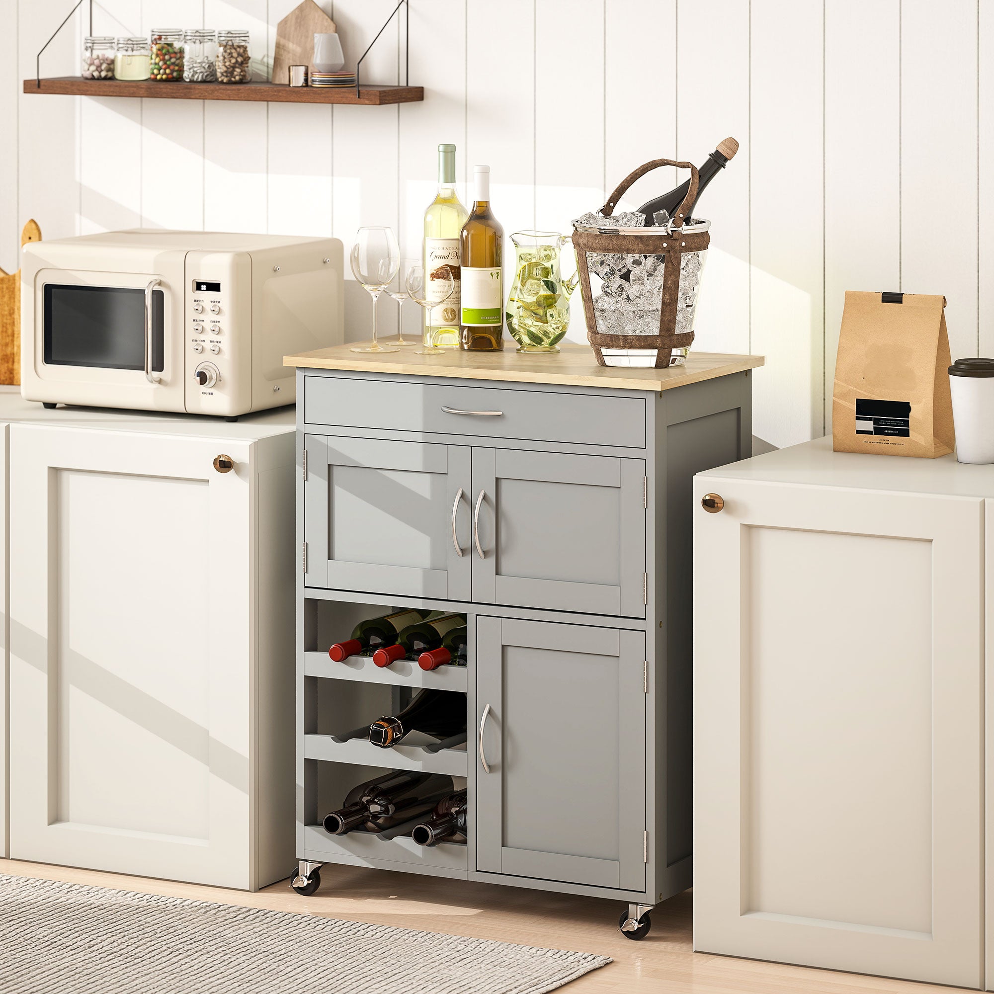 Kozy Modern Kitchen Trolley, Rolling Island Storage Cart with Drawer, 9-bottle Wine Rack, Door Cabinets, Wooden Countertop, Grey