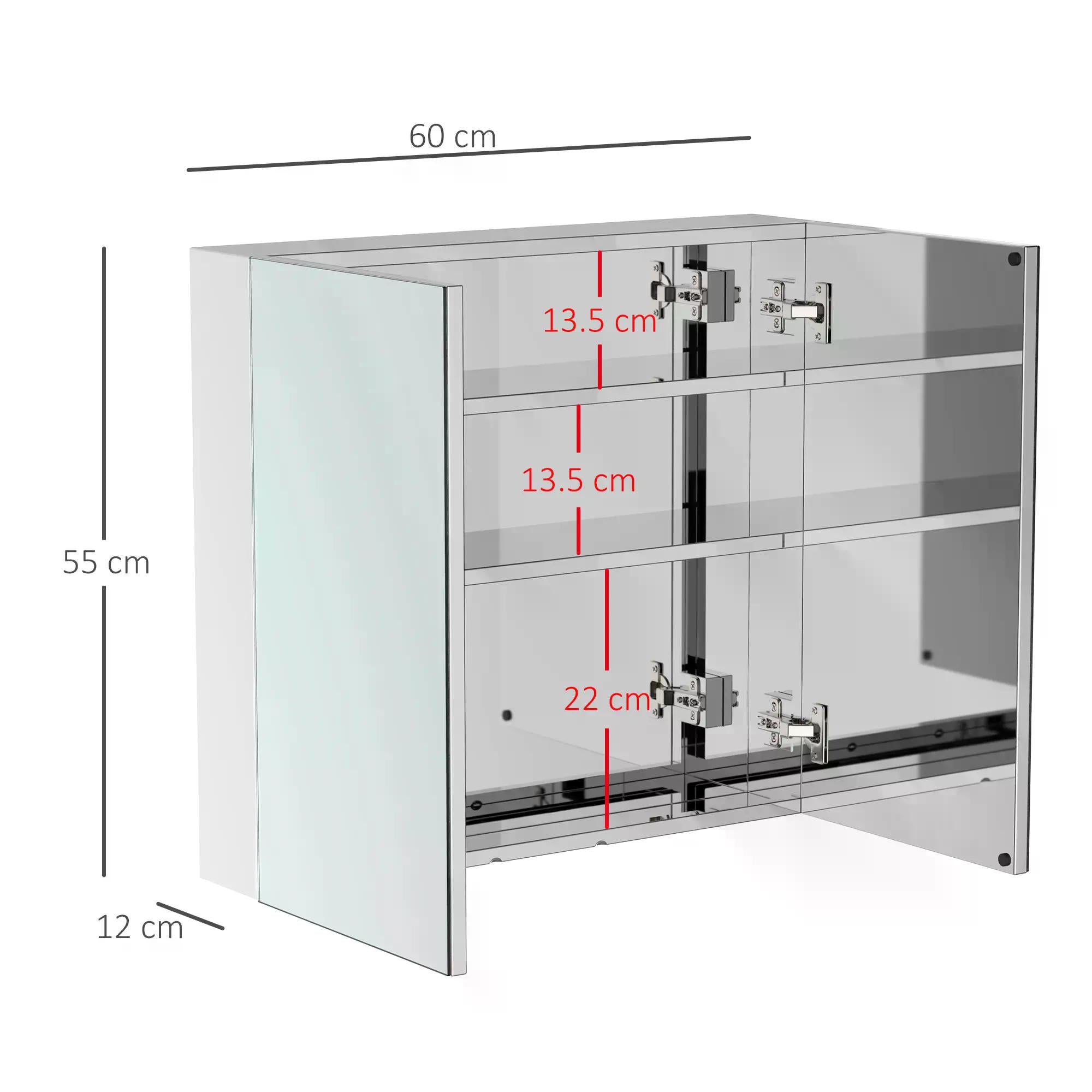 HOMCOM Bathroom Mirror Cabinet, Stainless Steel, Double Doors, Wall Mounted, Spacious Storage