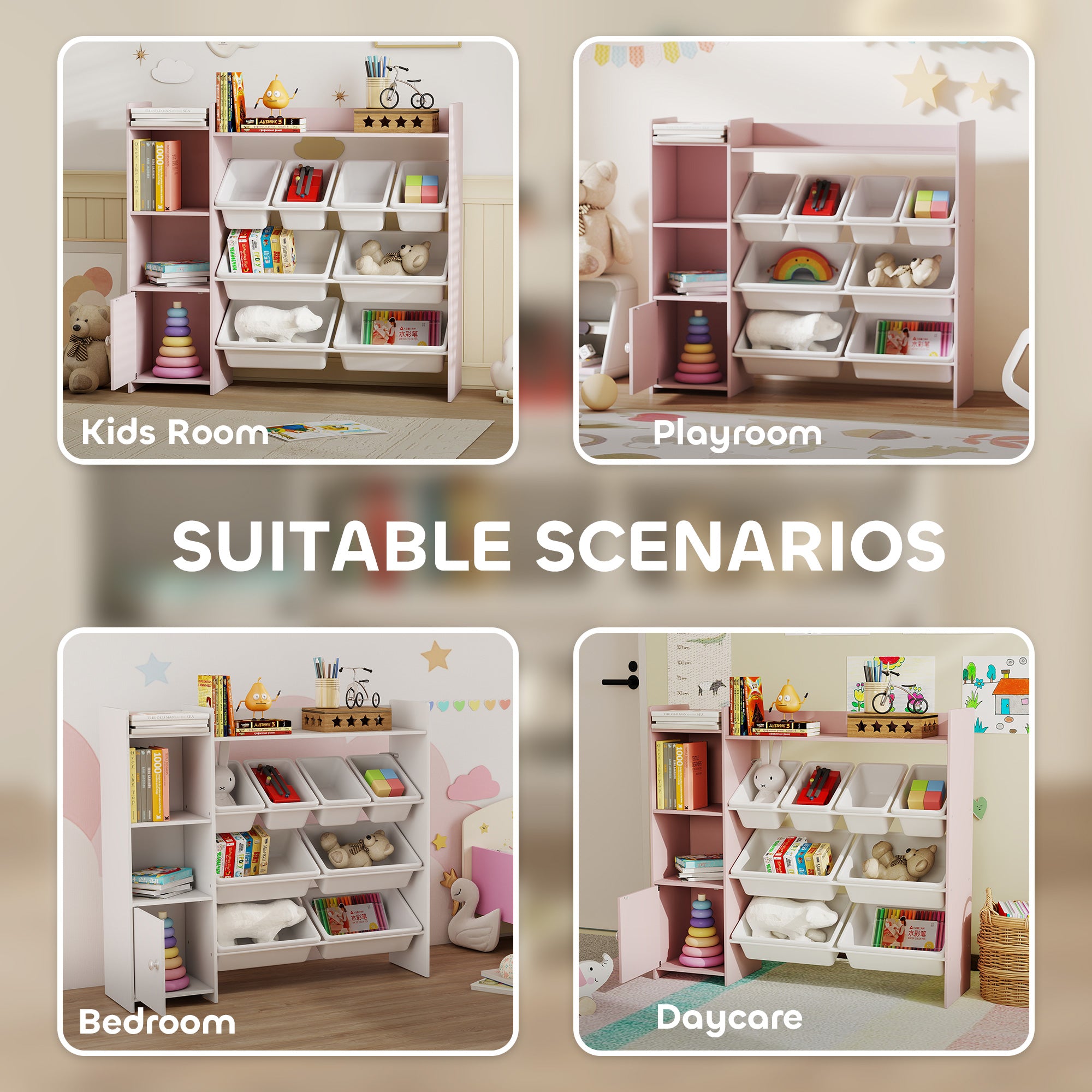 Kozy Toy Storage Unit with 8 Removable Bins, Storage Shelves, Cabinet, Pink