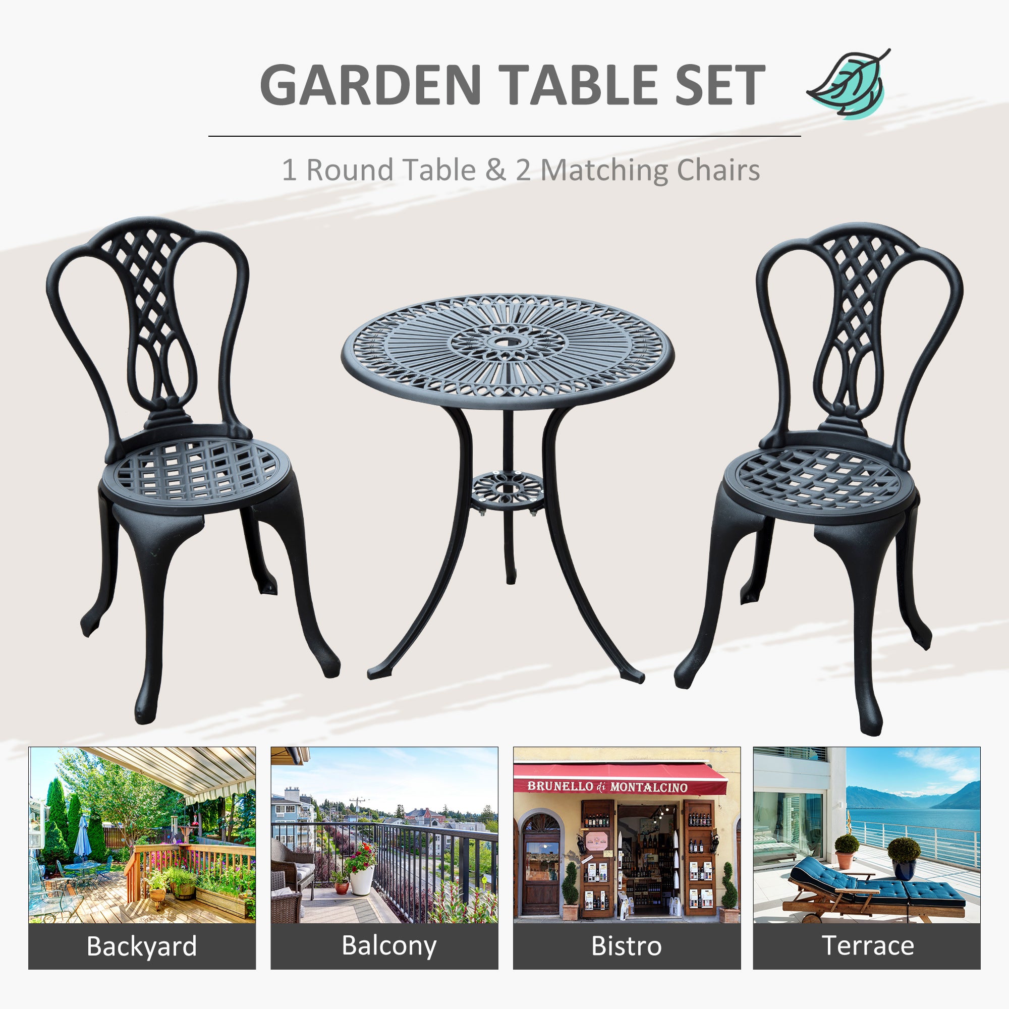 Kozy 3 Piece Patio Cast Aluminium Bistro Set Garden Outdoor Furniture Table and Chairs Shabby Chic Style