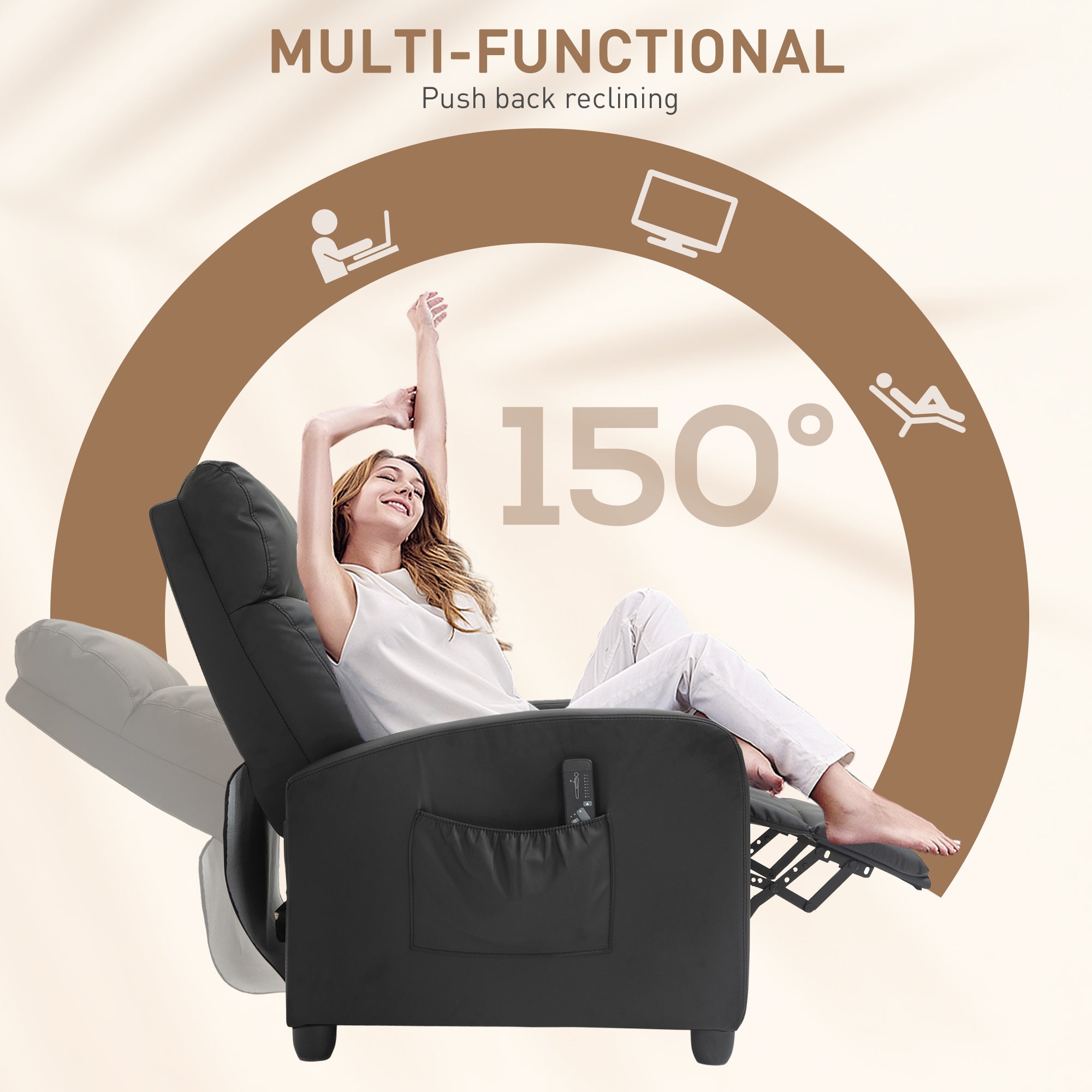Kozy Massage Recliner Armchair with 150° Recline, Faux Leather, Side Pocket, Black