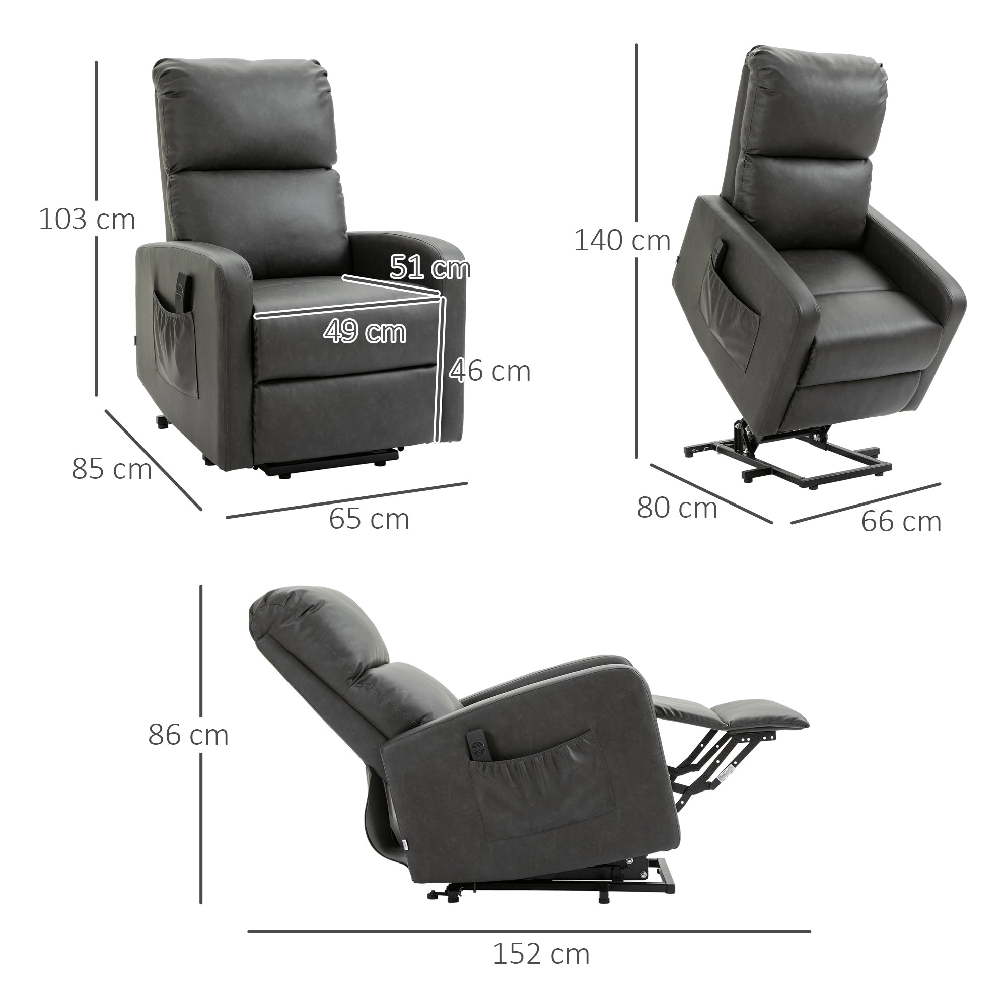 Kozy Riser and Recliner Chair for the Elderly, PU Leather Upholstered Lift Chair for Living Room with Remote Control, Side Pockets, Charcoal Grey