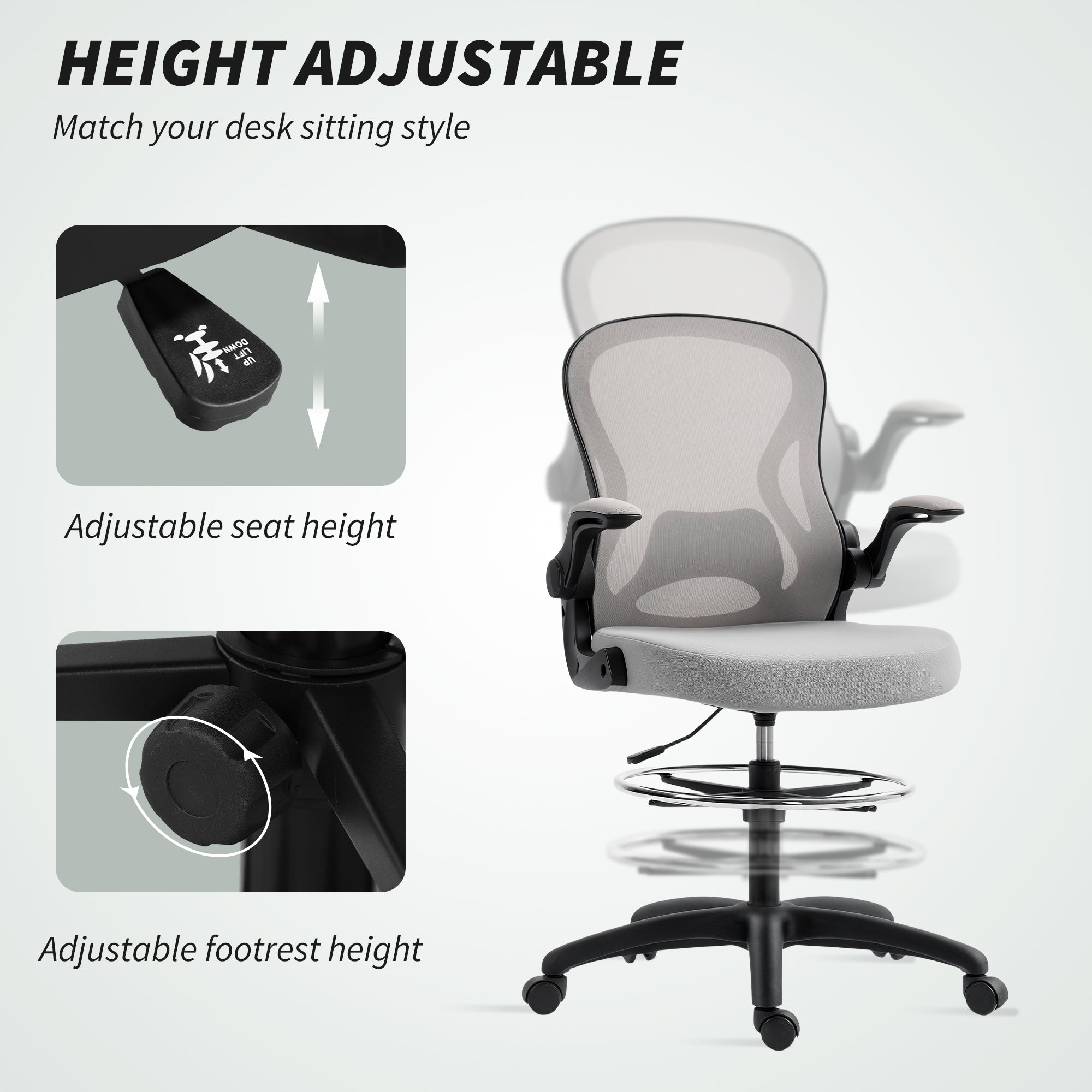 Kozy - Adjustable Mesh Standing Desk Chair with Flip-up Armrests Lumbar Support Armrests Adjustable Footrest Ring Grey