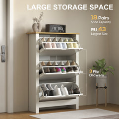 Kozy Slim Shoe Cabinet, Narrow Shoe Cupboard with 3 Flip Drawers, Adjustable Shelves for 18 Pairs of Shoes, High Gloss White