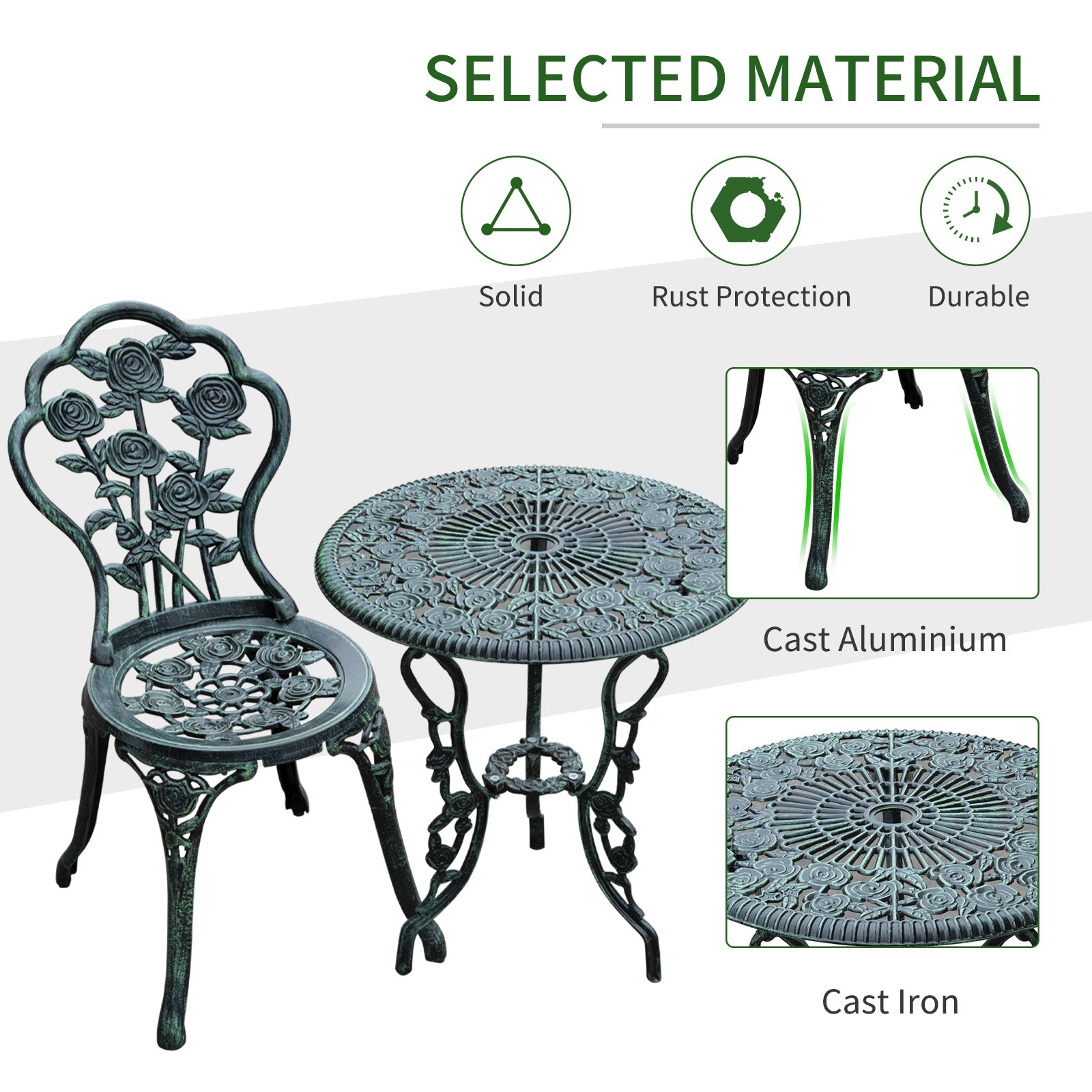 Kozy Cast Aluminium Outdoor Patio Garden Bistro Elegant Design Table Chair Set - Green (3-Piece)