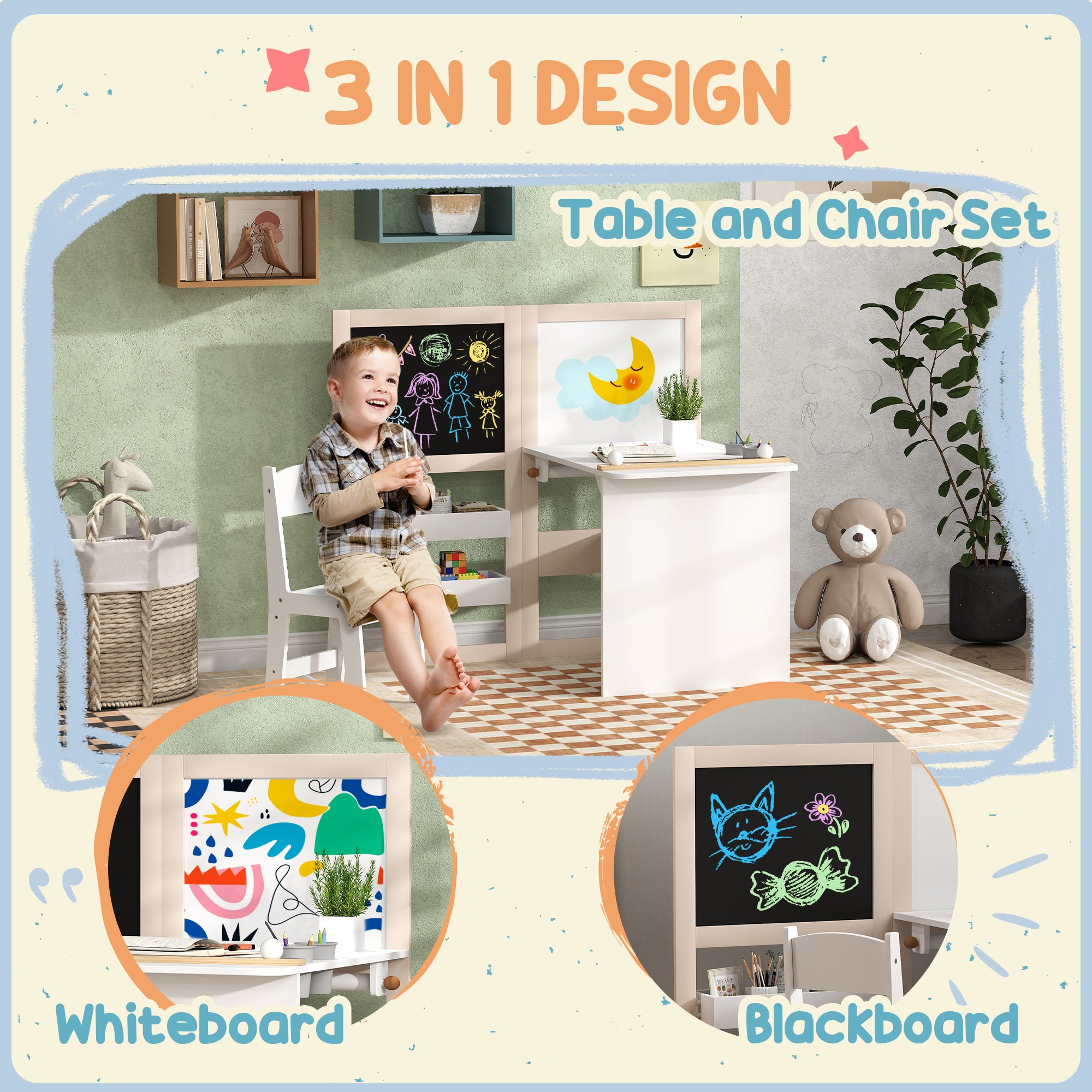 Kozy 3 in 1 Kids Table and Chair Set with Storage, Whiteboard, Blackboard & Roll Paper for 3-8 Years, White
