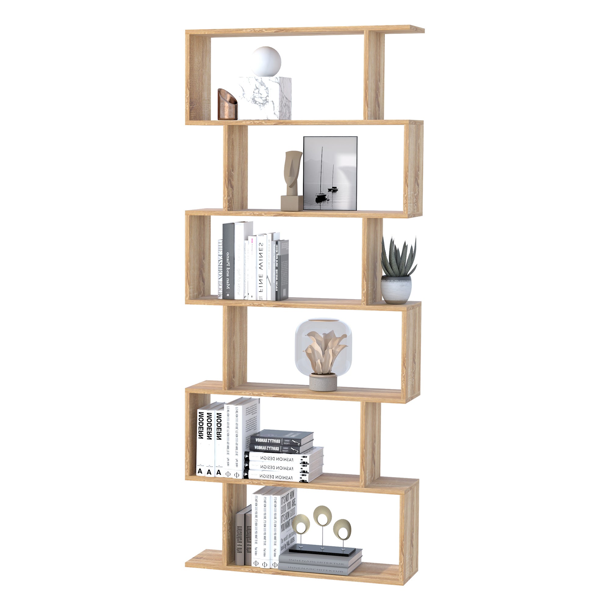 Kozy Bookcase, 6 Tier Shelf S Shaped Bookshelf, Storage Unit, Display Shelf for Living Room, Bedroom, Home Office, Plant, Oak