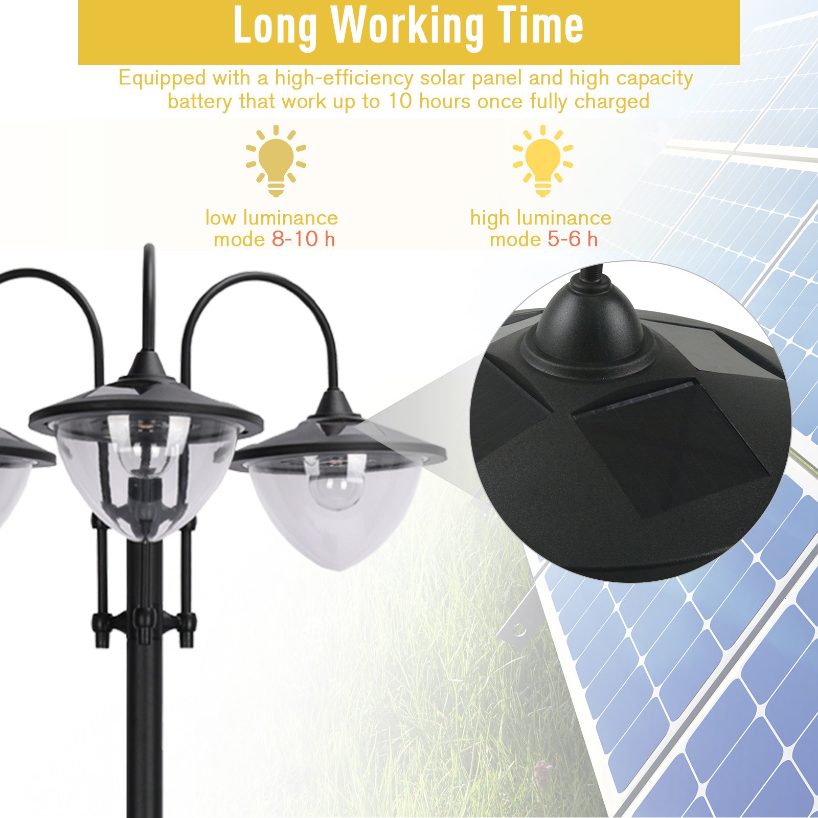 Kozy 189cm 3-head Solar Lamp Post, Street Light with Planter, Automatic-on, 6 Hour Max Outdoor Ready LED Lighting, Black