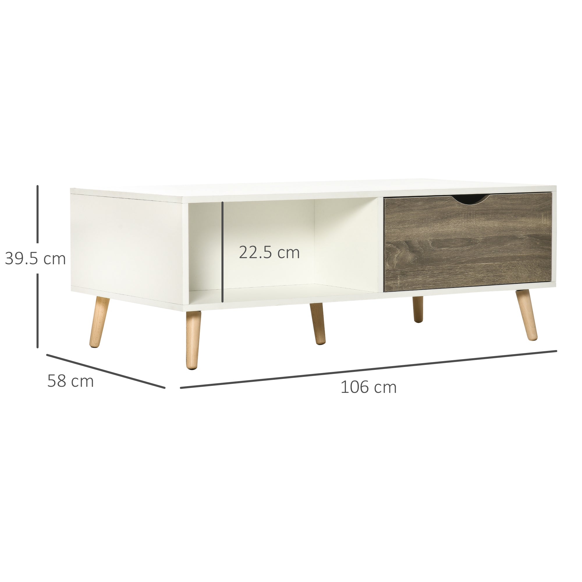 Kozy Coffee Table, Modern Tea Table with Open Storage Shelves, Two Drawers and Solid Wood Legs, Coffee Tables for Living Room, Bed Room, White