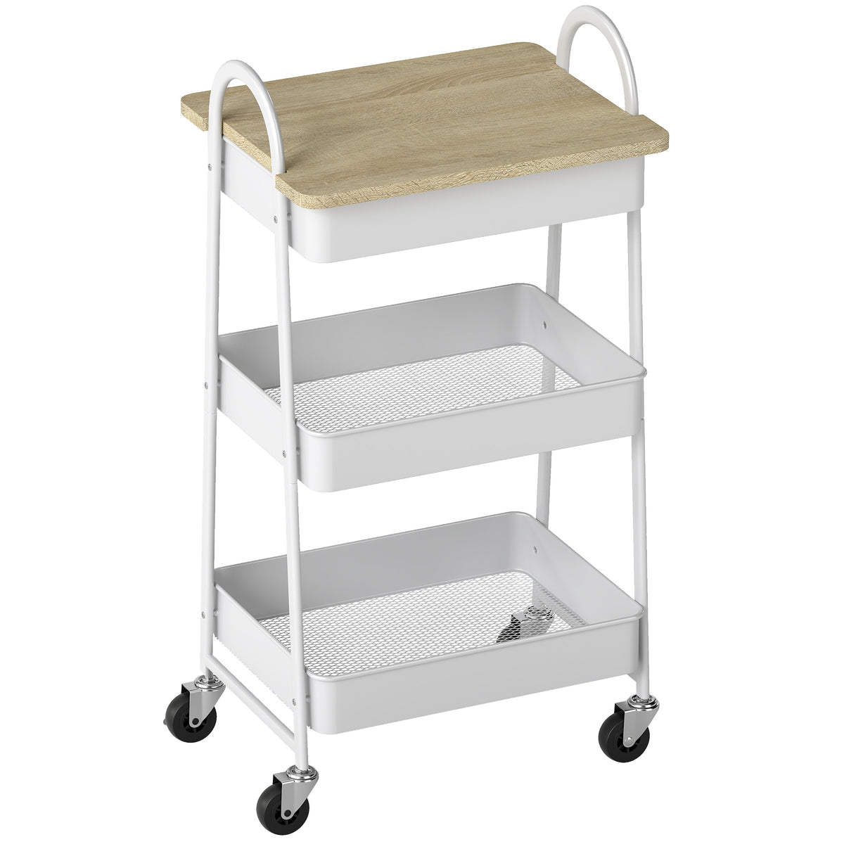 Kozy - 3-Tier Kitchen Storage Trolley with on Wheels Cover Top Board - White and Oak