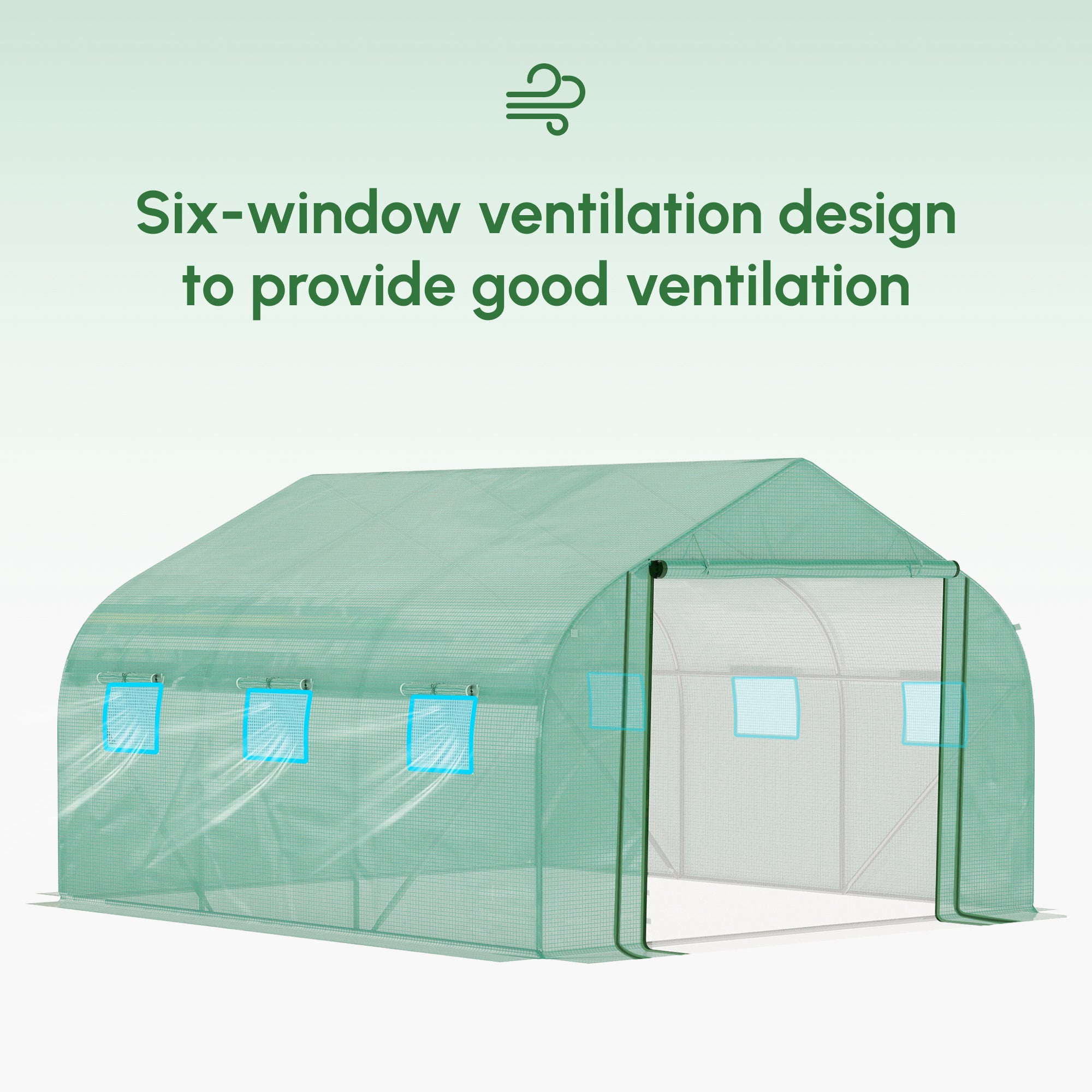 Kozy Walk-in Polytunnel Garden Greenhouse, Outdoor Mesh Door Greenhouse with PE Cover and 6 Windows, 3.5 x 3 x 2m, Green