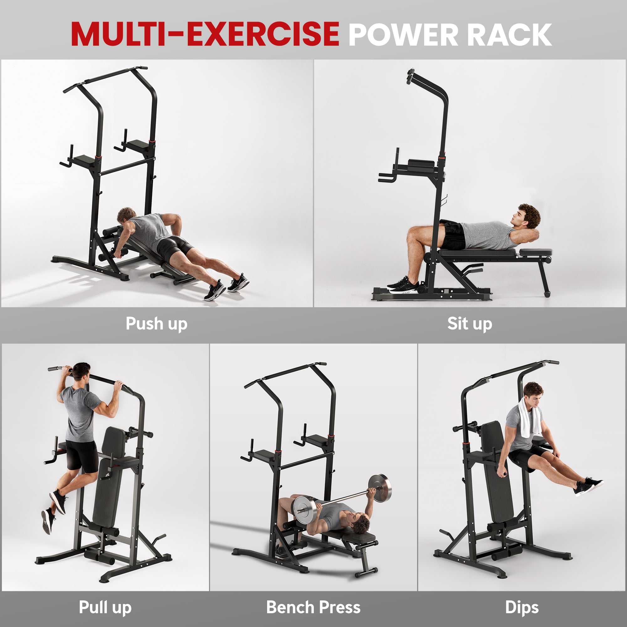 Kozy Pull Up Station with Adjustable Weight Bench, Dip Station and Barbell Rack, Multi-Function Power Tower Free Standing Pull Up Bar for Home Gym