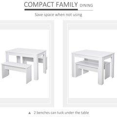 Kozy Kitchen Dining Table and 2 Benches Set, Table and Chairs Set for Limited Space, White