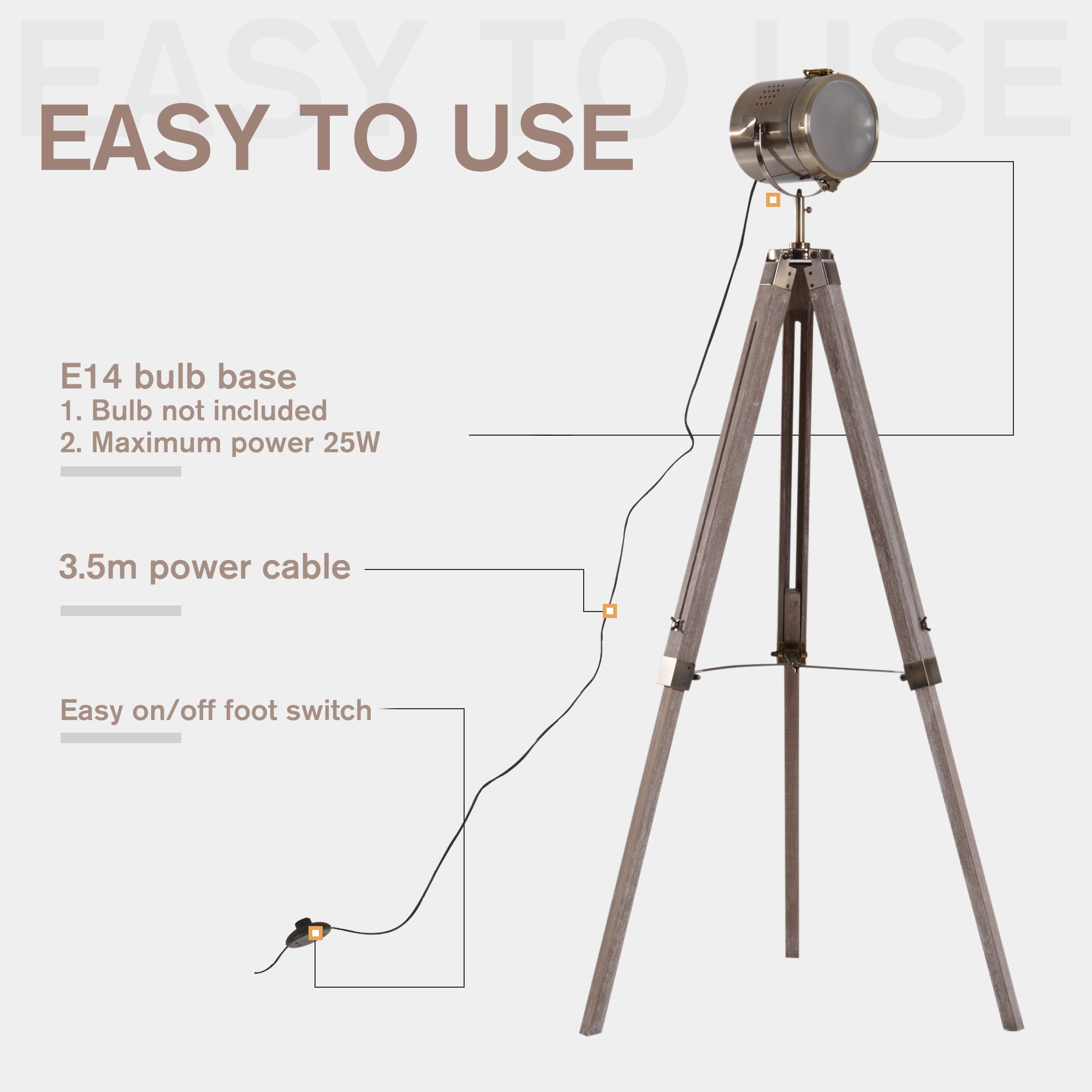 Kozy Industrial Tripod Floor Lamp, Nautical Searchlight with Adjustable Height, Wood Legs, E14 Lamp Base for Living Room, Bedroom, Grey and Bronze
