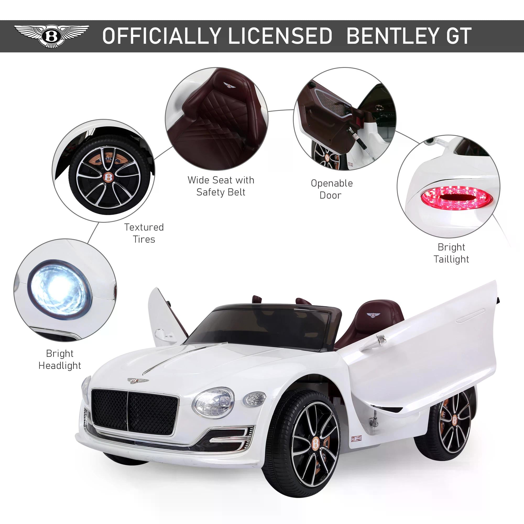 HOMCOM 12V Ride on Car with LED Lights, Kids Electric Car Ride on Toys Bentley Licensed MP3 Player, White