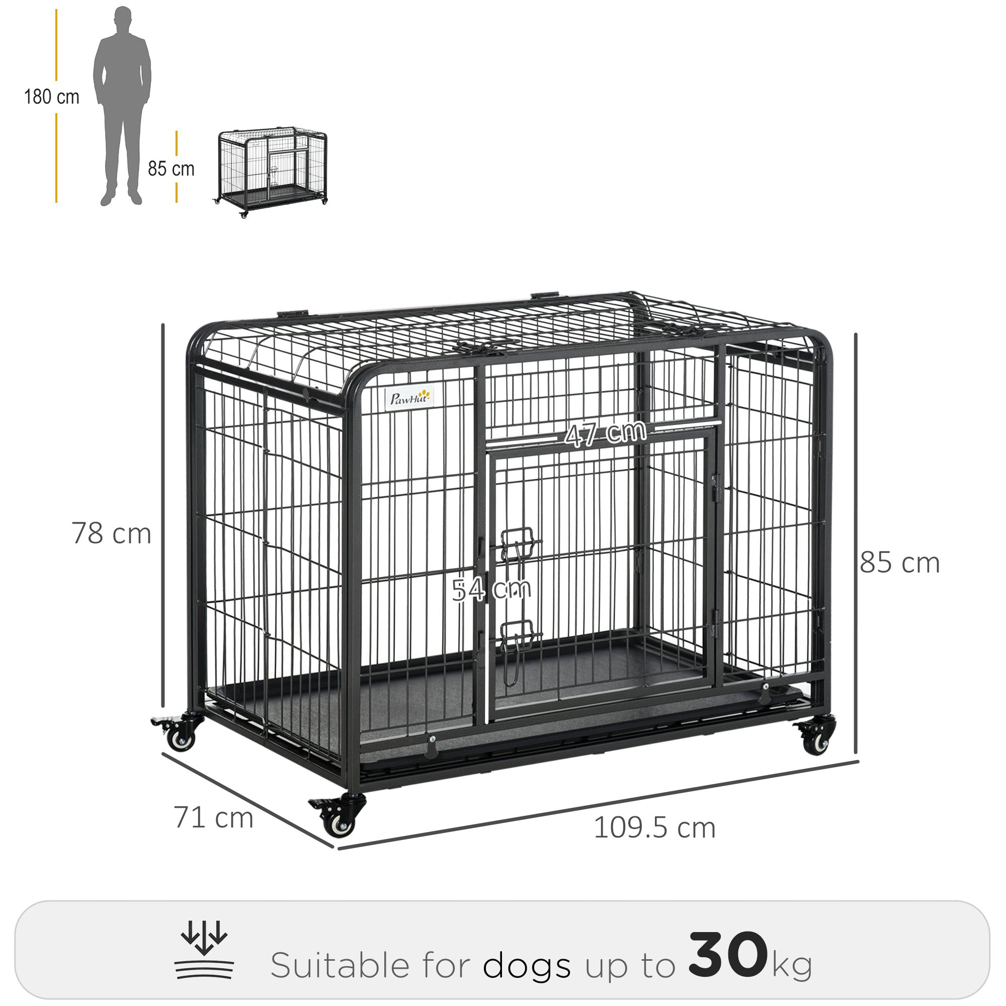 Kozy Metal Dog Cage Kennel Locking Door & Wheels Removable Tray Openable Top For Large Pets 109.5 x 71 x 78 cm