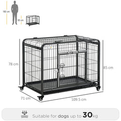 Kozy Metal Dog Cage Kennel Locking Door & Wheels Removable Tray Openable Top For Large Pets 109.5 x 71 x 78 cm
