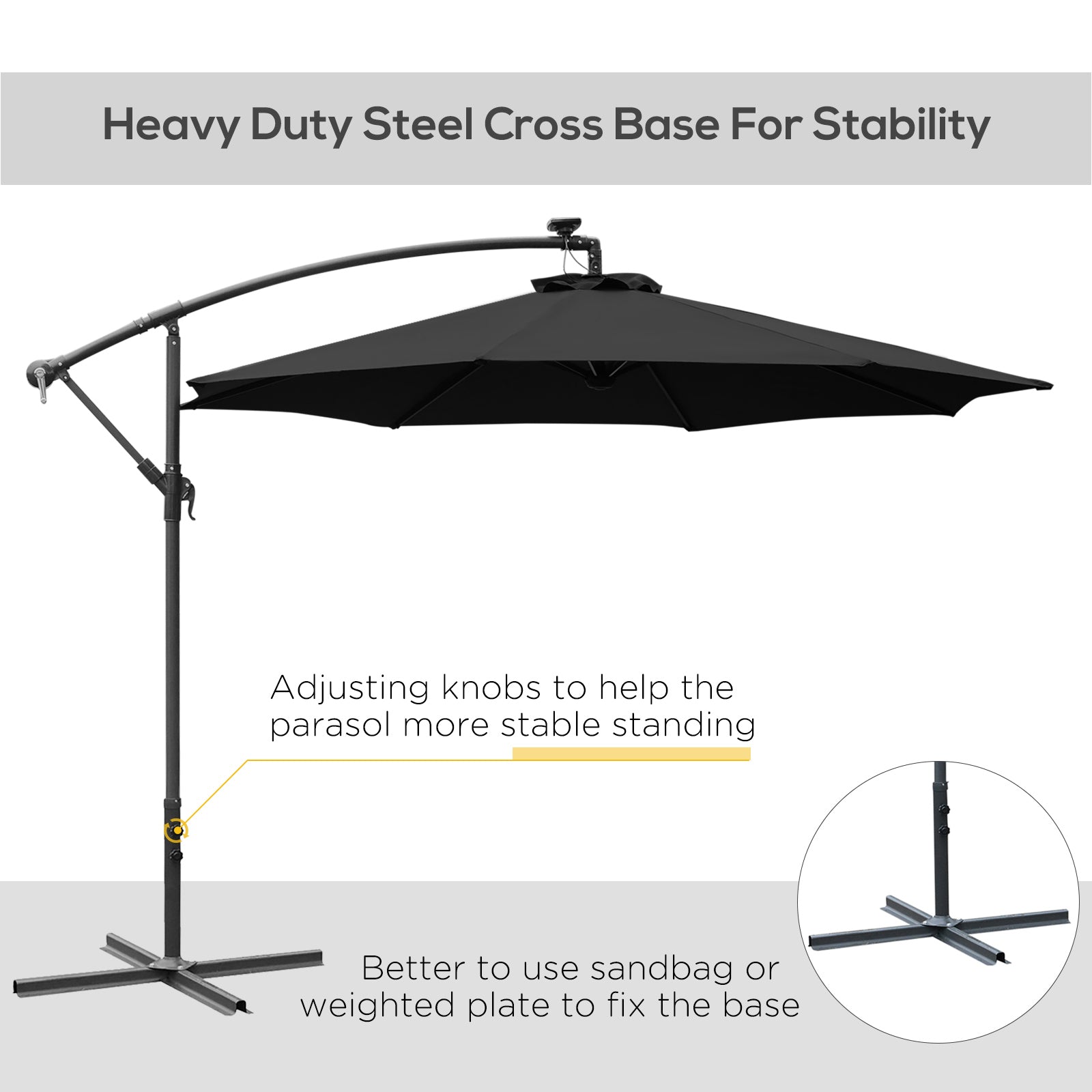 Kozy 3m LED Patio Banana Umbrella Cantilever Parasol w/ Crank Cross Base Hanging Offset Umbrella Frame Steel  Aluminium Garden Table Outdoor Black