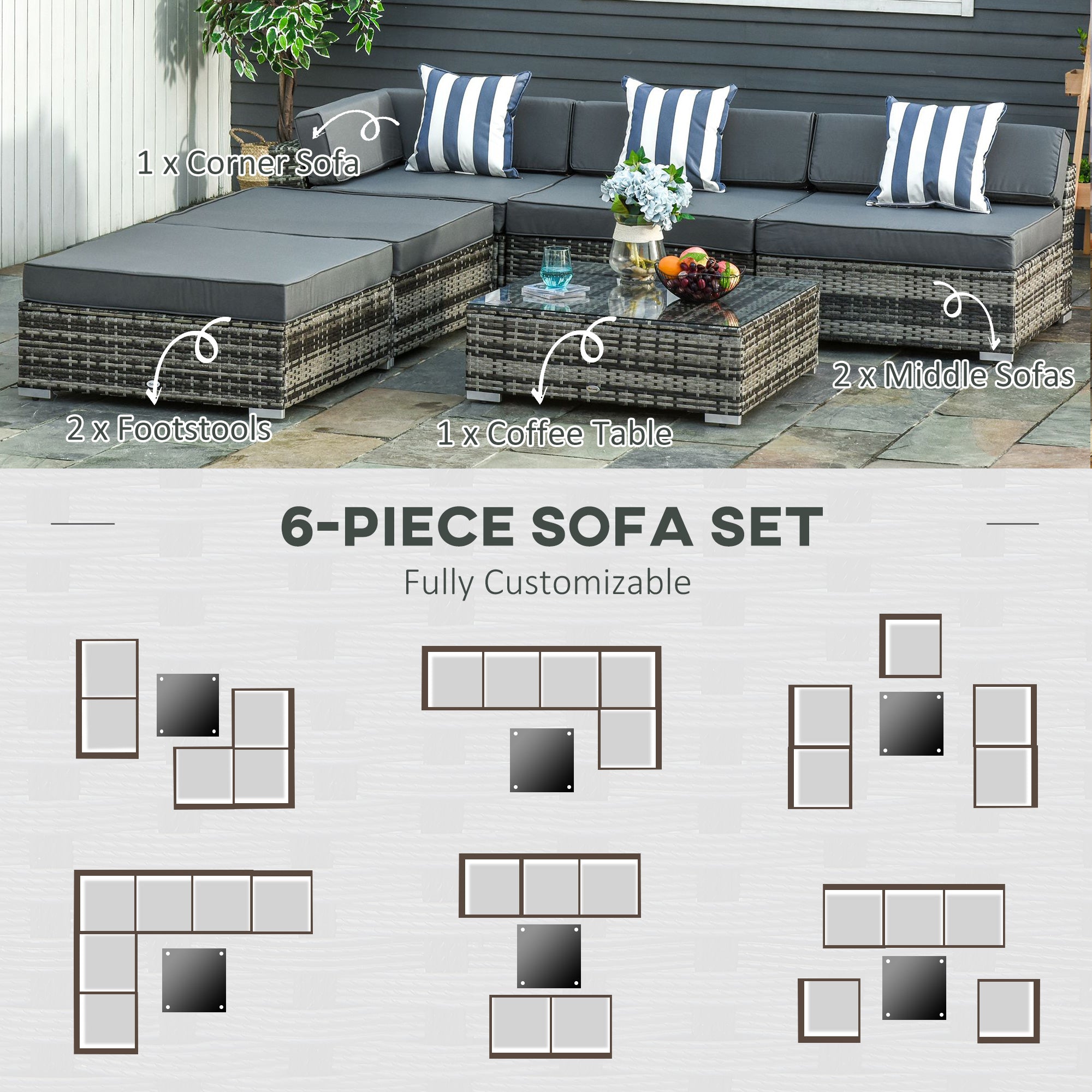 Kozy 6 PC Rattan Sofa Coffee Table Set Sectional Wicker Weave Furniture for Garden Outdoor Conservatory w/ Pillow Cushion Grey