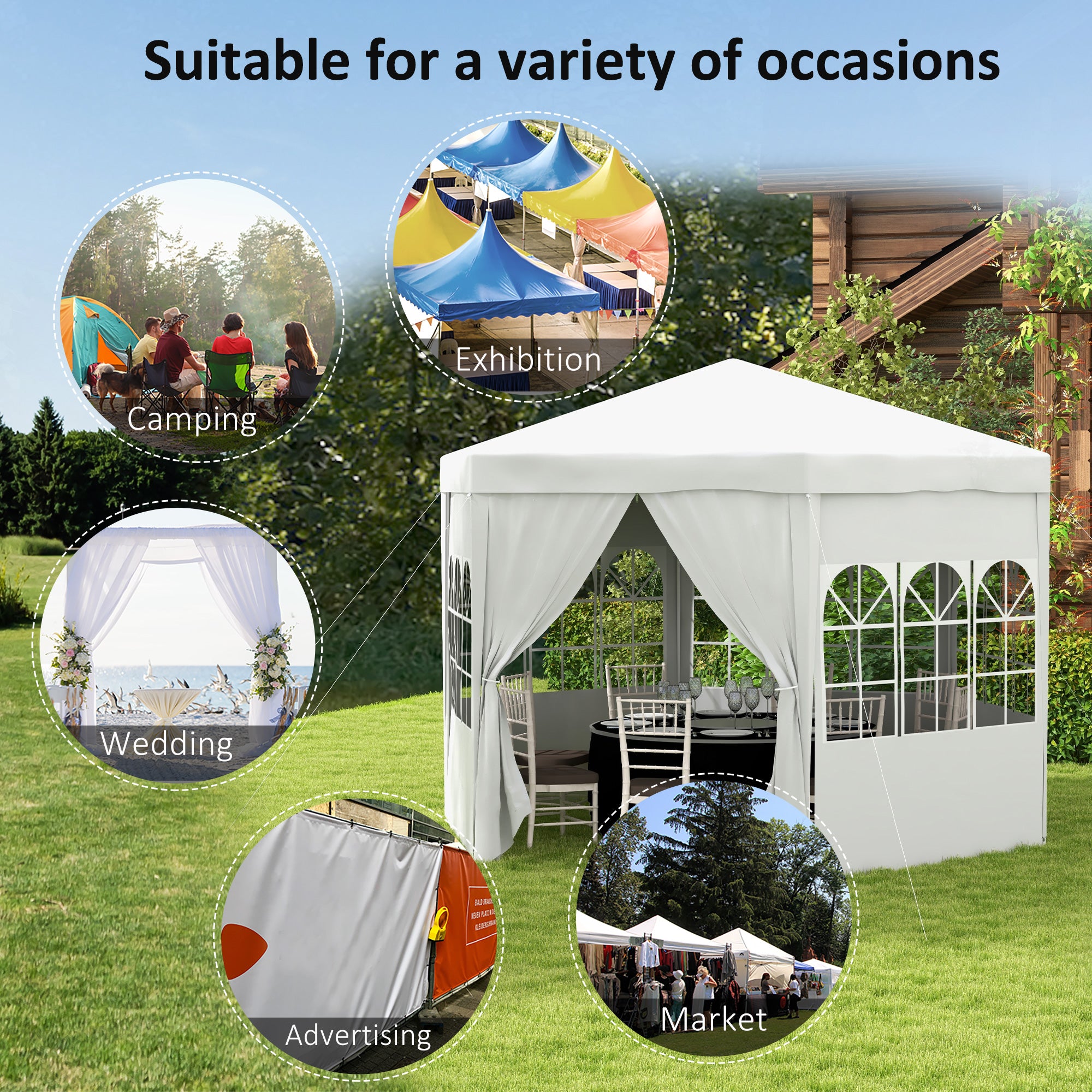 Outsunny 3.4m Gazebo Canopy Party Tent with 6 Removable Side Walls for Outdoor Event with Windows and Doors, White