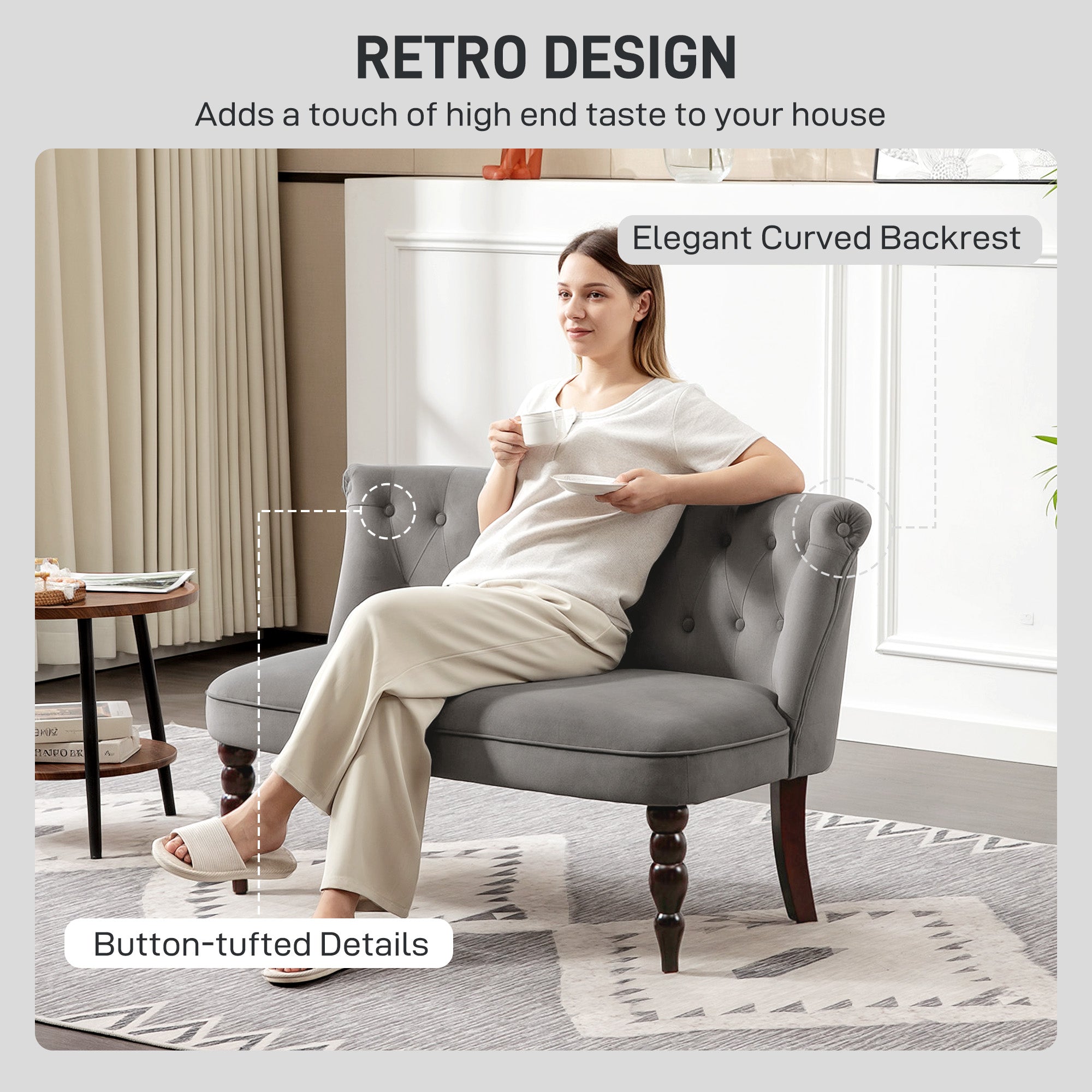 Kozy - Velvet 2 Seater Sofa, Button Tufted Wingback Loveseat with Rubber Wood Legs for Living Room, Bedroom, Charcoal Grey