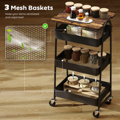 Kozy - 3-Tier Kitchen Storage Trolley with on Wheels Cover Top Board - Rustic Brown and Black