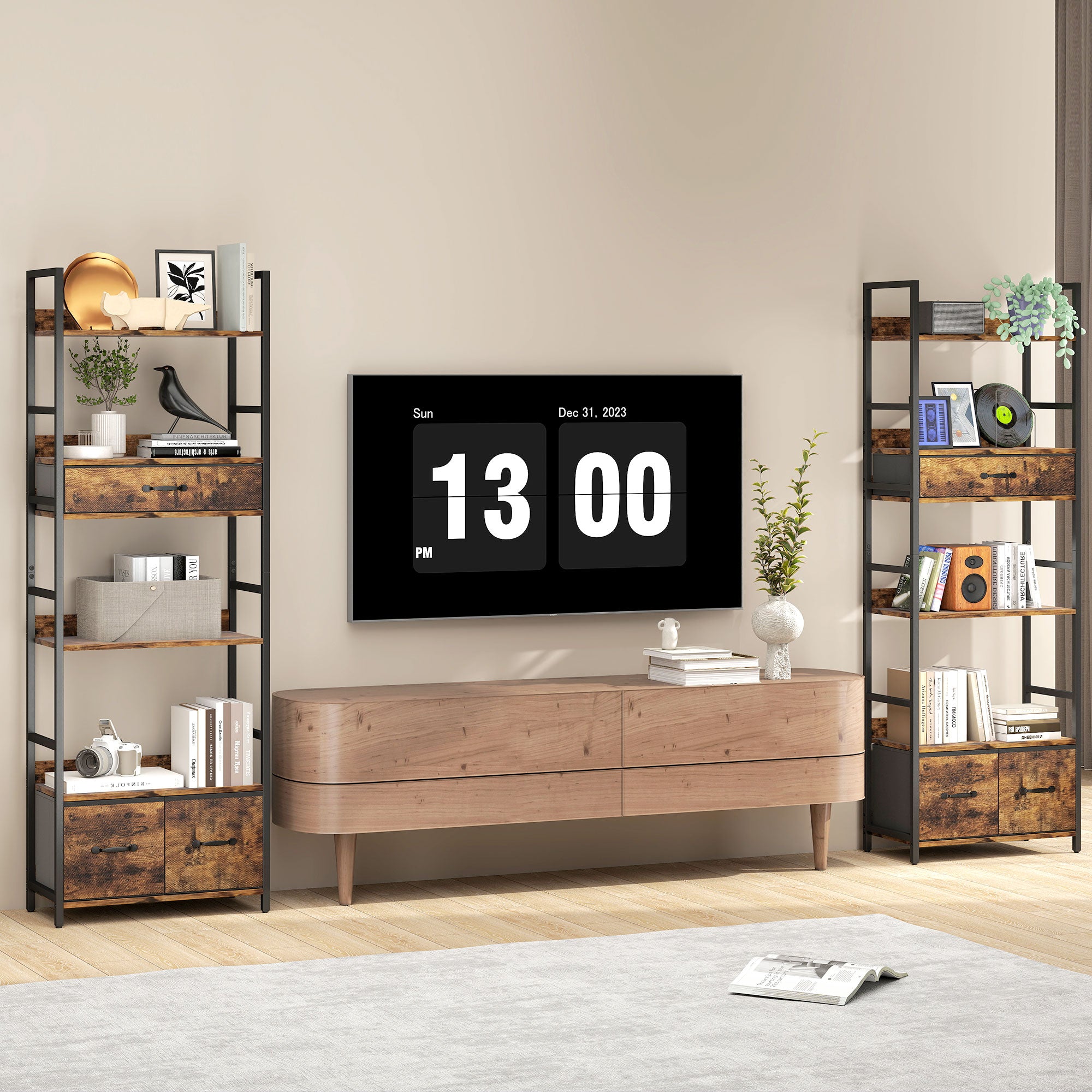 Kozy Industrial Style Bookcase, with 4 Shelves and 3 Fabric Drawers - Brown/Black