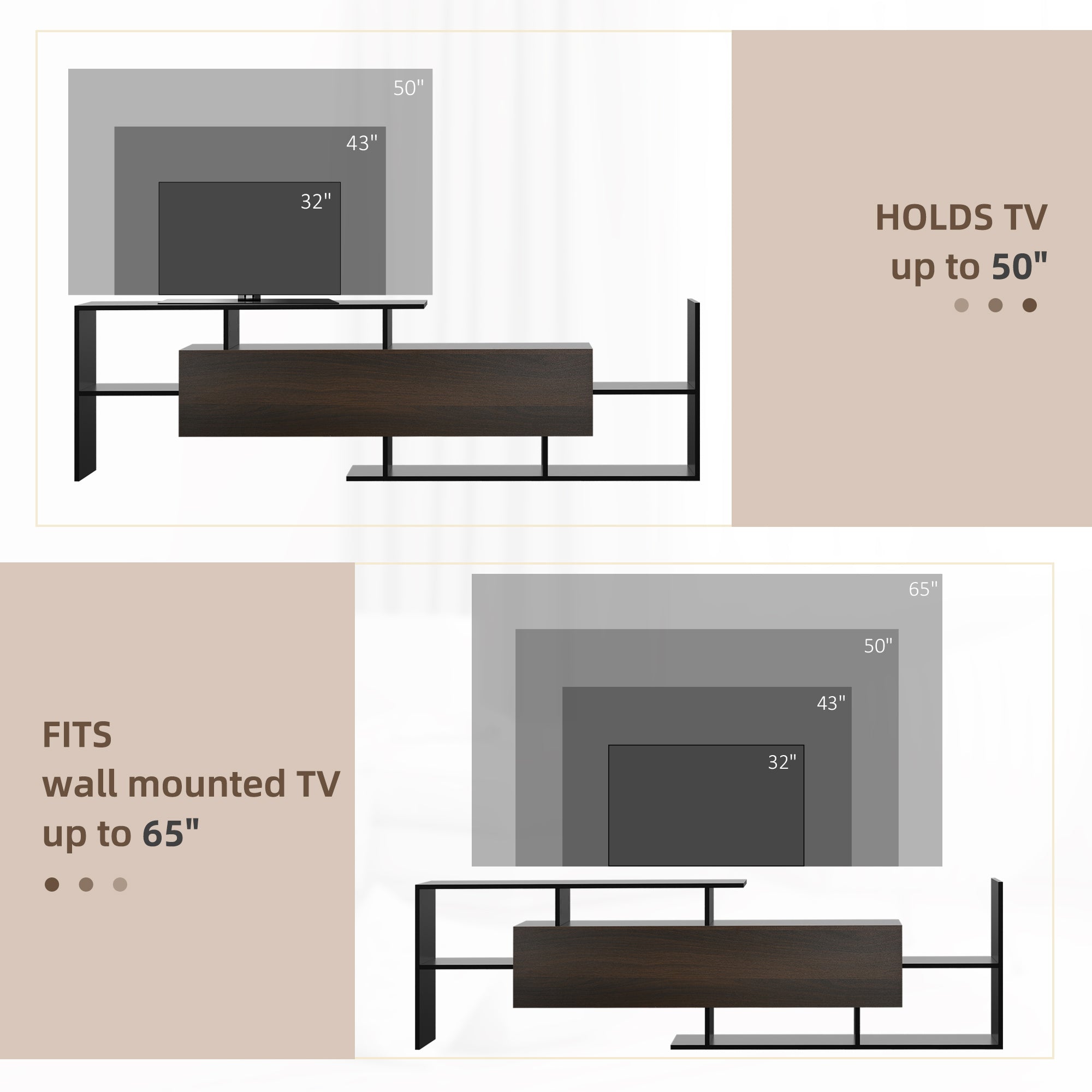 Kozy TV Cabinet with Wall Shelf for Wall-Mounted 65" TVs or Standing 40" TVs - White and Natural