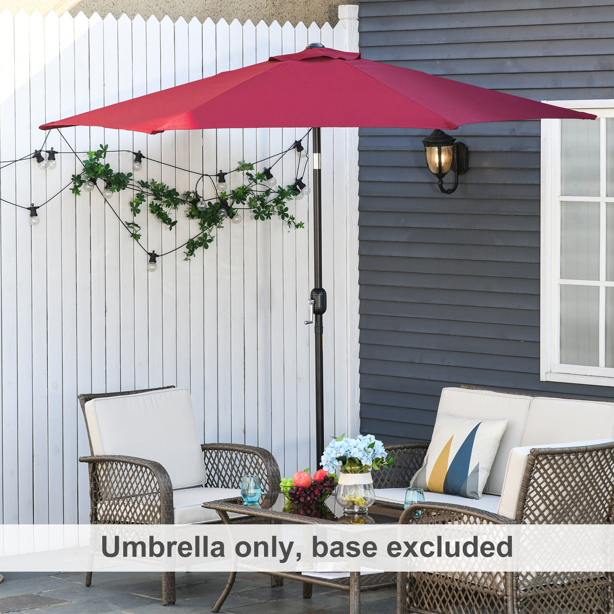 Outsunny 9ft Aluminium Patio Umbrella Sun Shade with Wine Red Canopy, Outdoor Market Caf茅 Yard Gazebo Cover