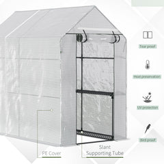 Kozy Walk In Greenhouse with 2-Tier Shelves, Roll up Zip Panel Door, Garden Polytunnel Steeple Grow House for Outdoor, 6 x 4 x 6ft White